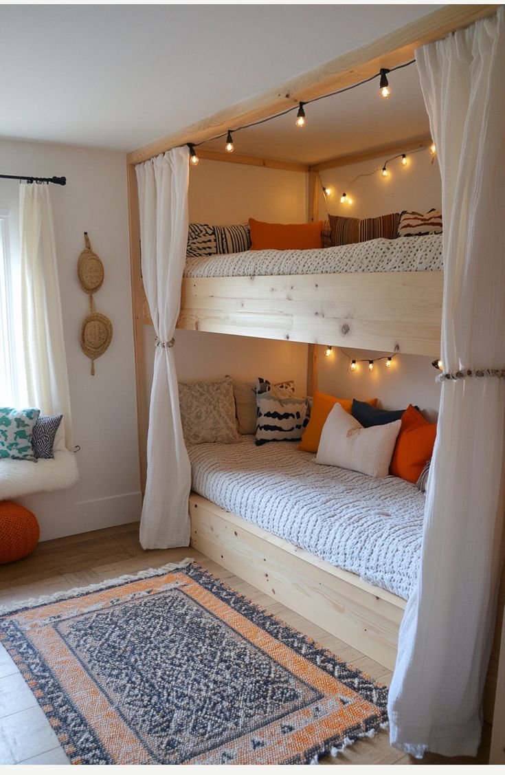 Wooden Bunk Bed with Curtains