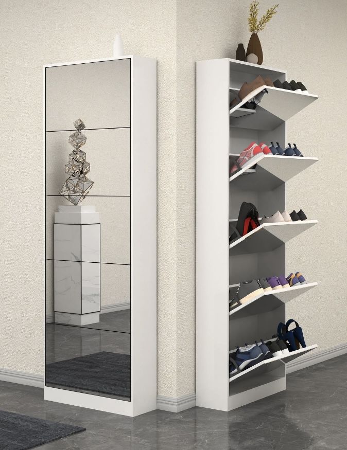 Modern White Shoe Cabinet with Mirror