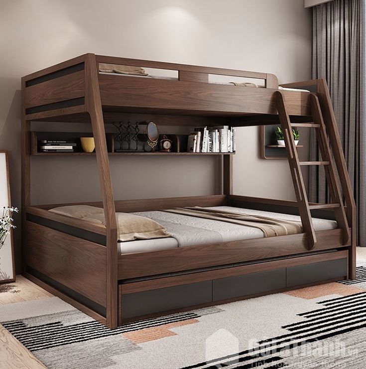 Modern Wooden Bunk Bed Built in Bookshelf
