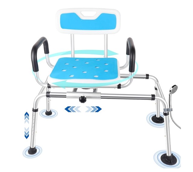 Sliding Shower Chair,Height Adjustable Tub Transfer Bench,360° Shower Swivel Seat,Bath and Shower Safety Seating with Handles for Seniors&Handicap,400Lb Capacity