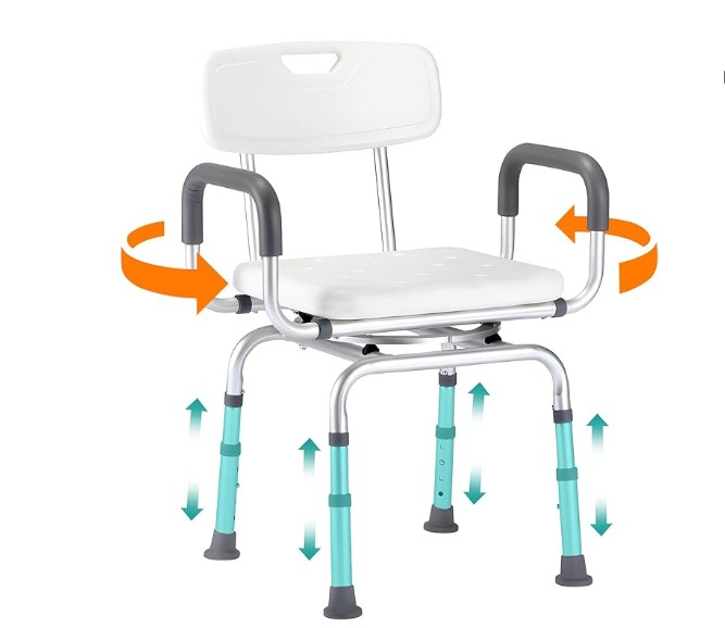 360 Degree Shower Chair Swivel,Portable Seat with Armrests and Back, Adjustable Height Seat for Bathtub (White1)