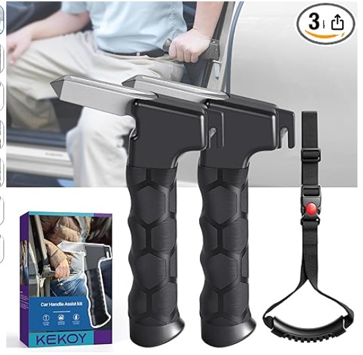 Kekoy 4 in 1 Car Door Handle for Elderly - Car Handle Assist with Window Breaker & Seat Belt Cutter - Portable Vehicle Support Handle & Auto Cane for Seniors & Handicapped (2 Pack Black + Strap)