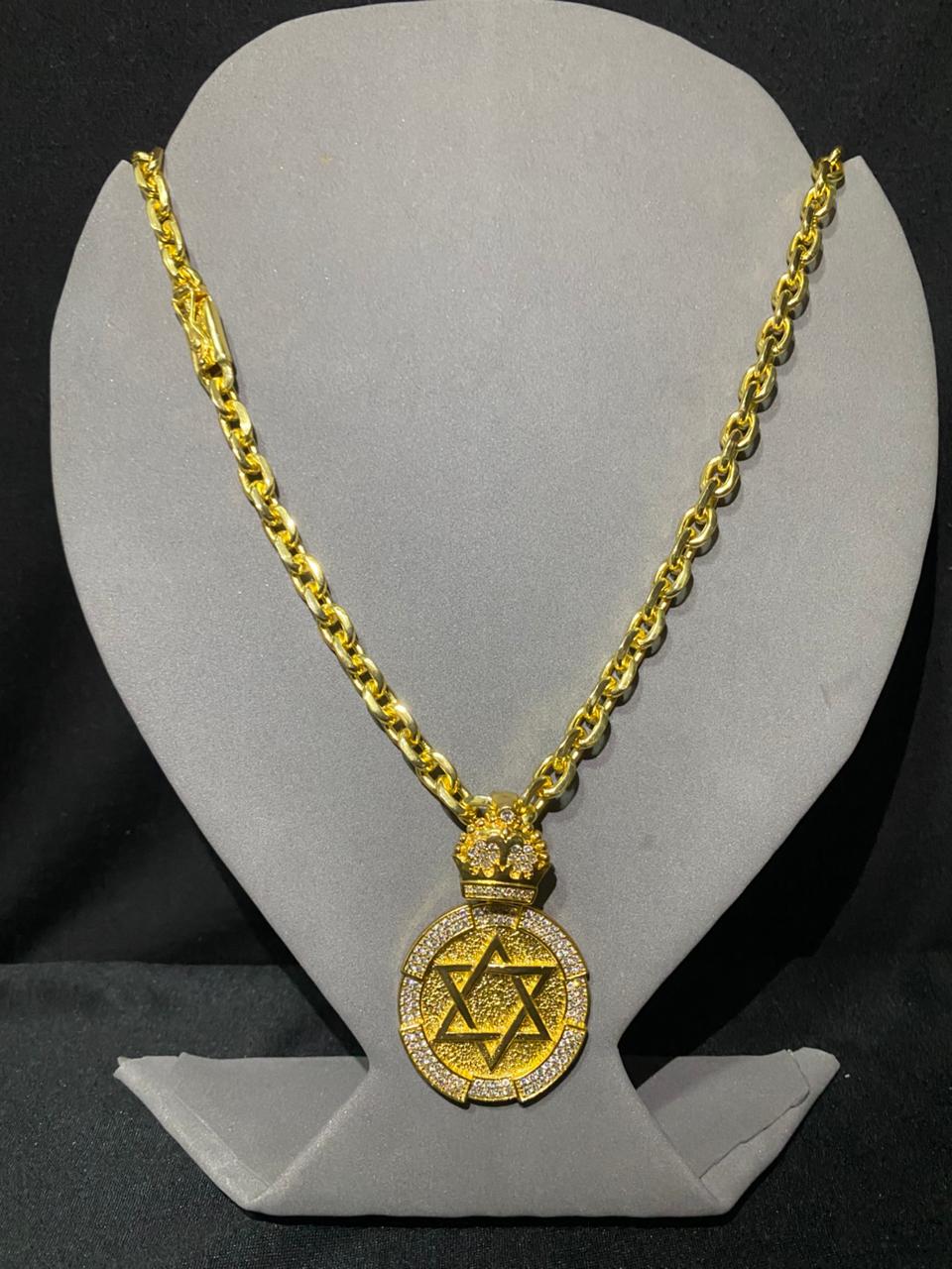 Corrente Cadeado 8mm Ouro 18k 🥇 + Pingente Especial Estrela de Davi Cravejada (G) 🌟