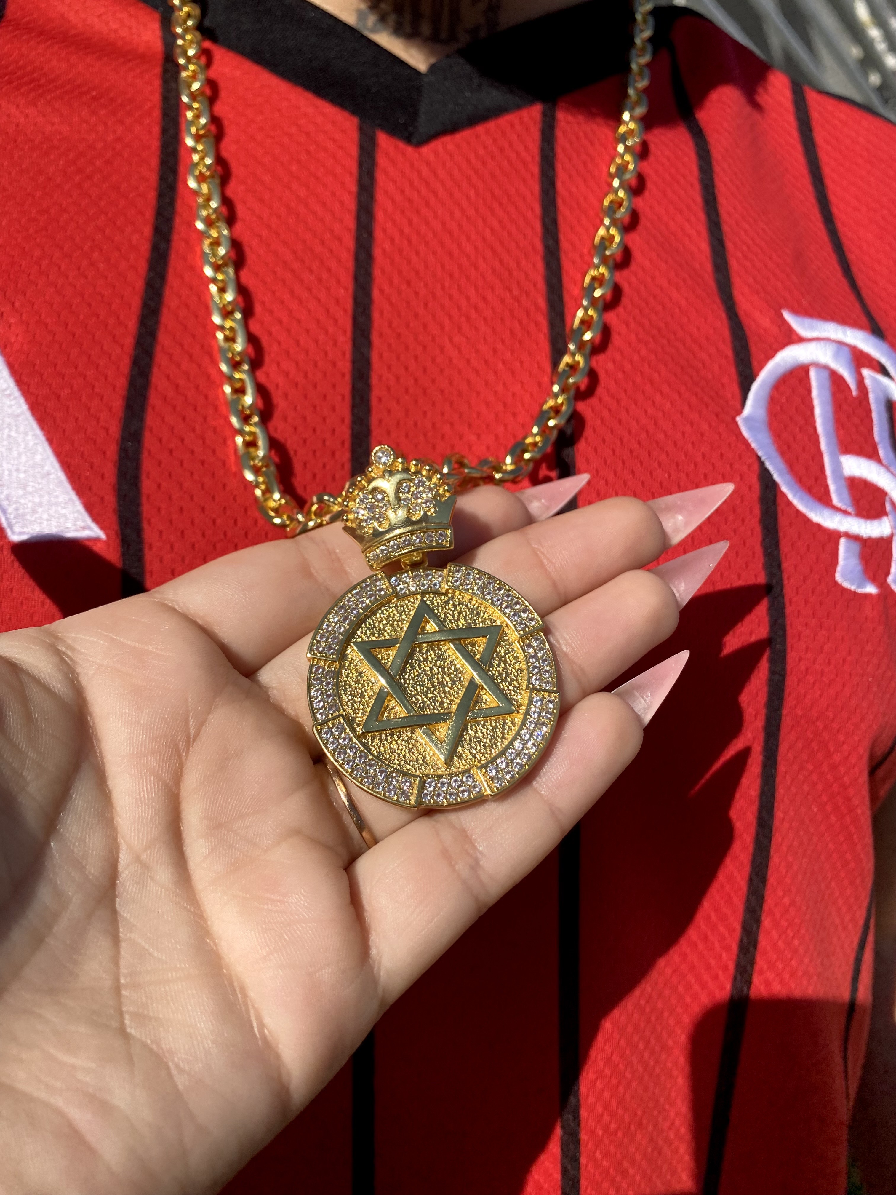 Corrente Cadeado 8mm Ouro 18k 🥇 + Pingente Especial Estrela de Davi Cravejada (G) 🌟