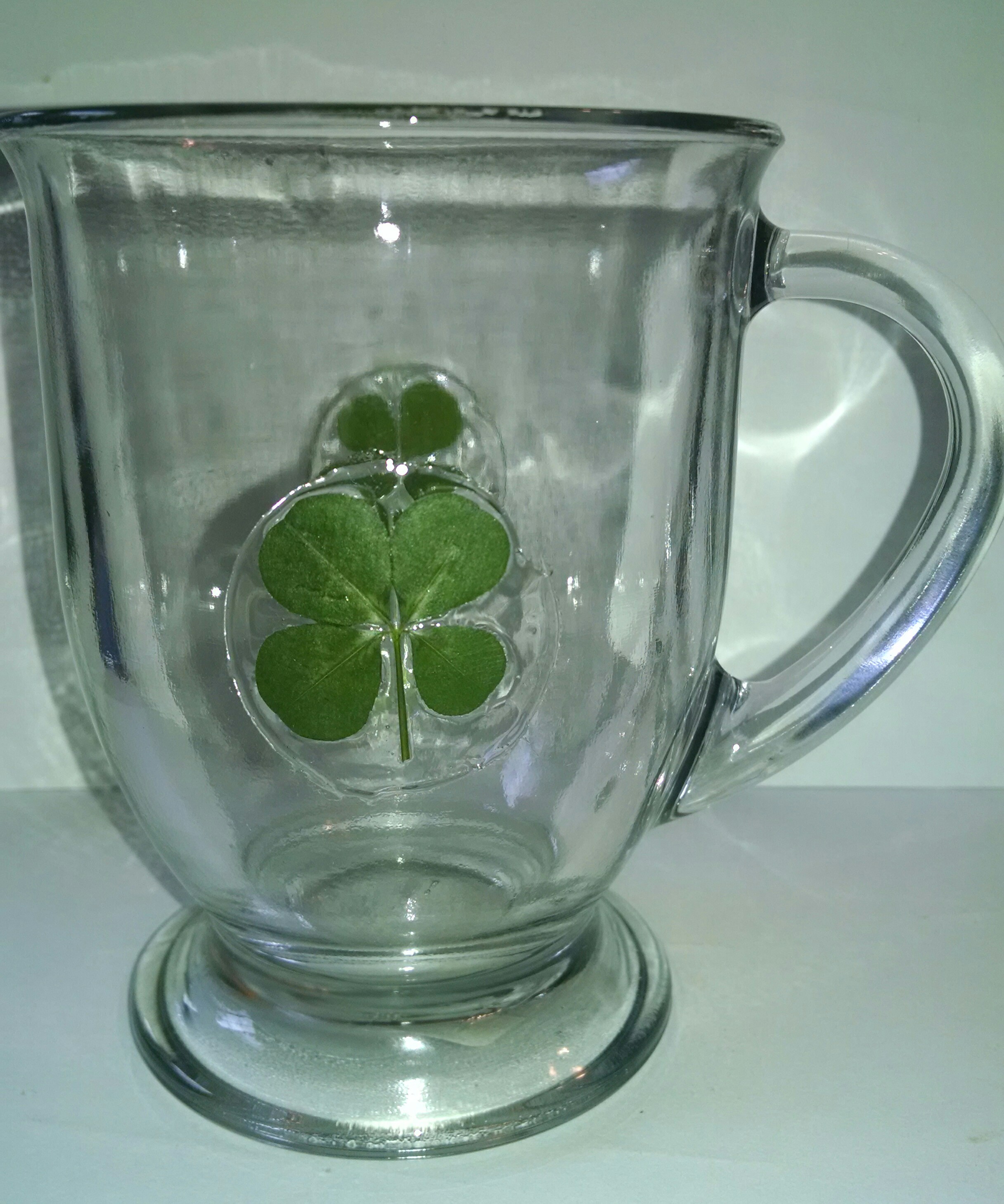 Glass cup with four leaf clovers