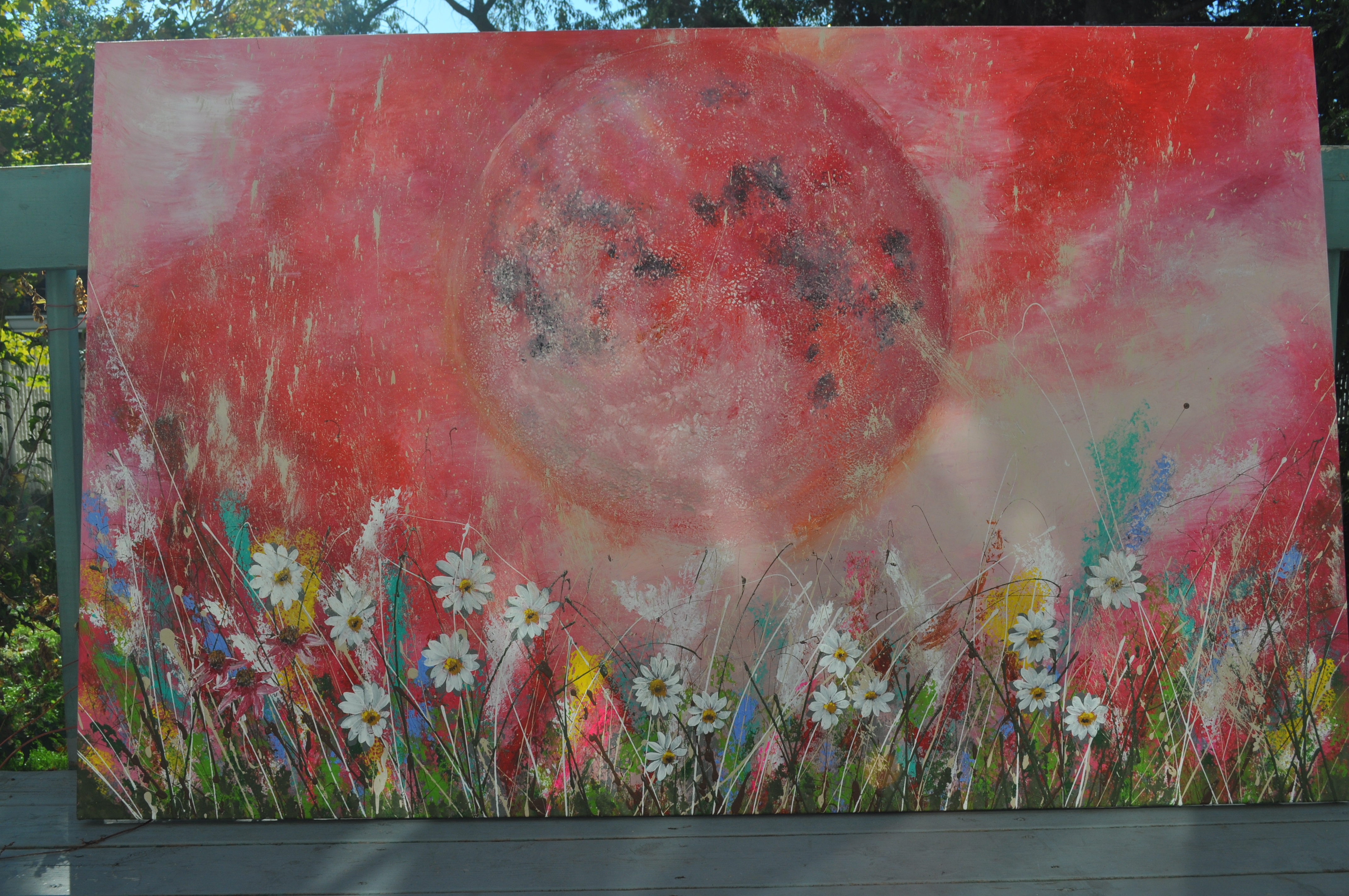 Blood Moon. Abstract Floral Moon Painting