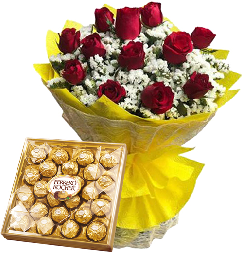 12 Rose Bouquet with Ferrero Rocher Chocolates