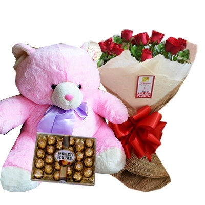 Gift Combo: 2ft Pink Teddy Bear, 12 Roses Bouquet & Ferrero Rocher