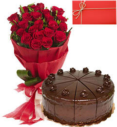 Red Rose Bouquet, Chocolate Cake & Gift Box Combo