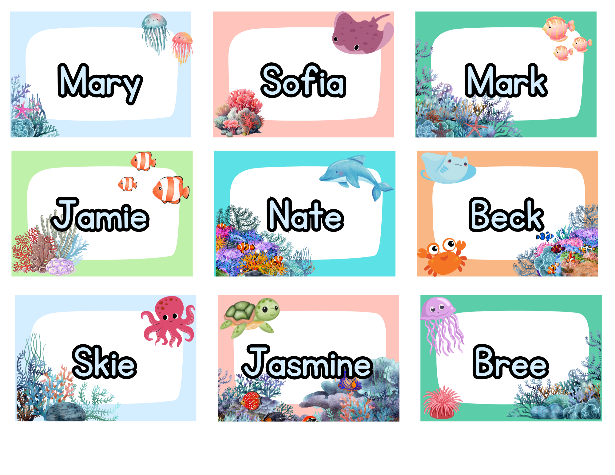 Ocean Themed Editable Name Tags