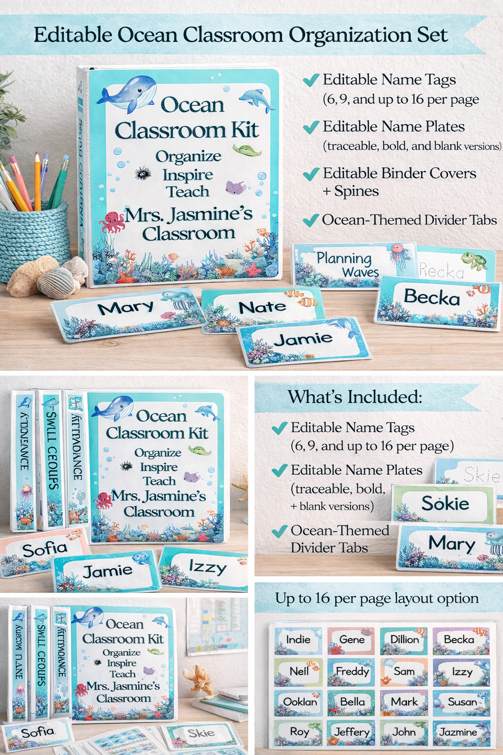 Ocean Editable Classroom Organization Set