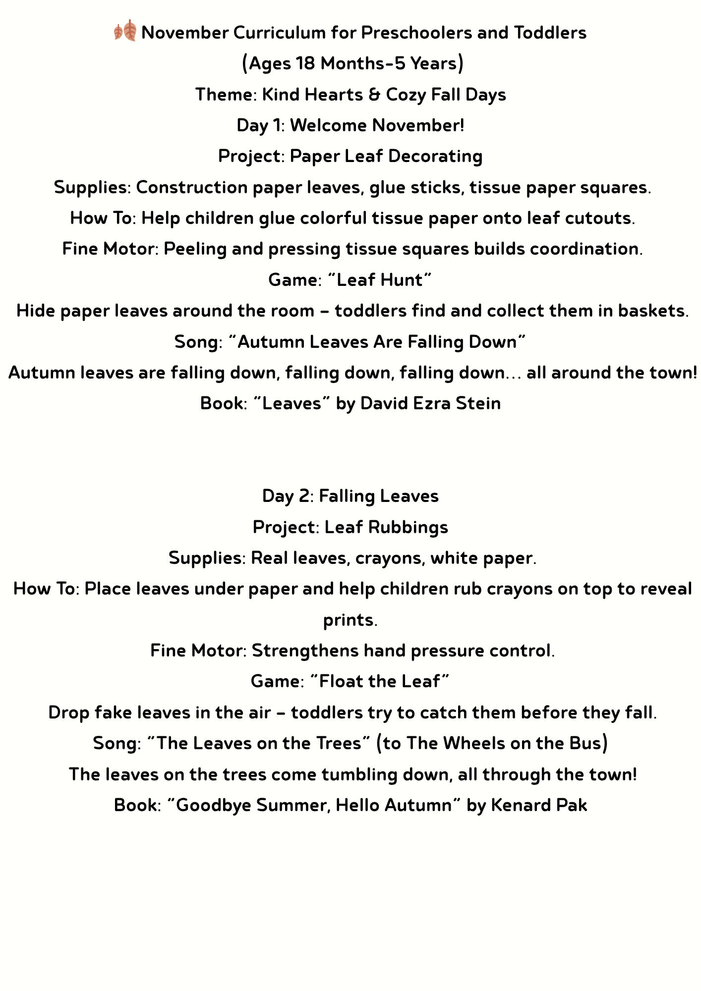 🍂 November Curriculum for Preschoolers and Toddlers 