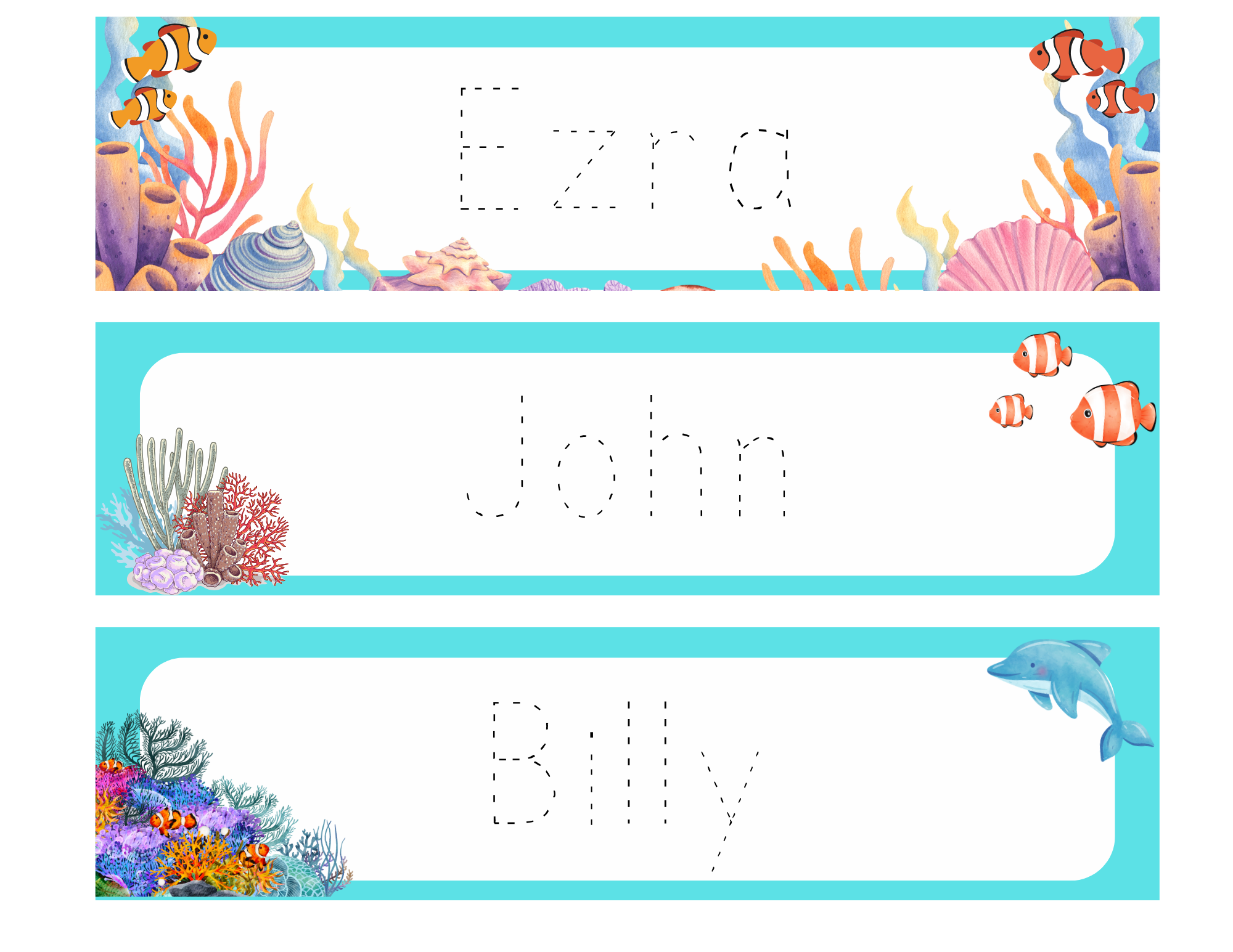 Ocean Themed Editable Name Tags