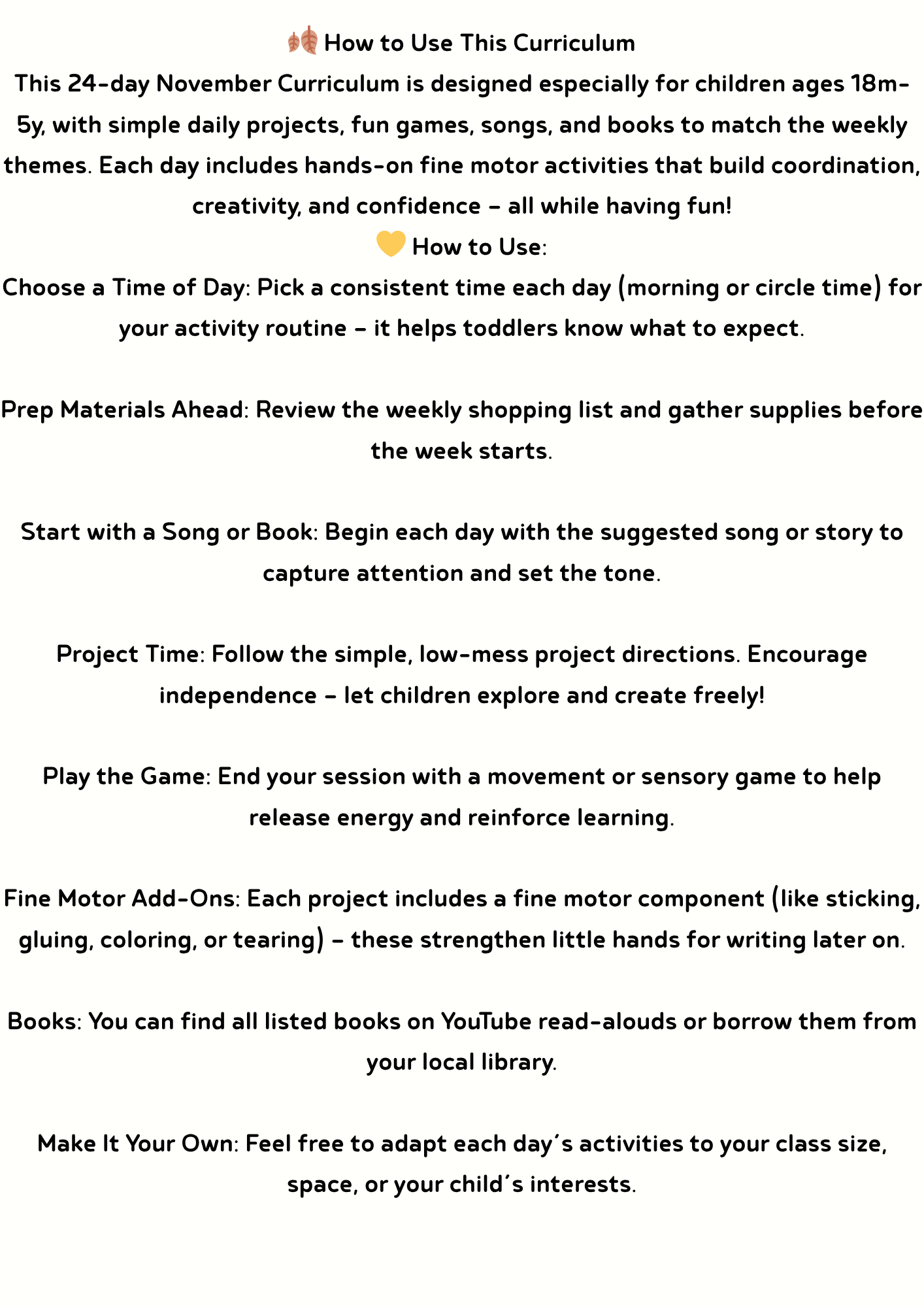 🍂 November Curriculum for Preschoolers and Toddlers 