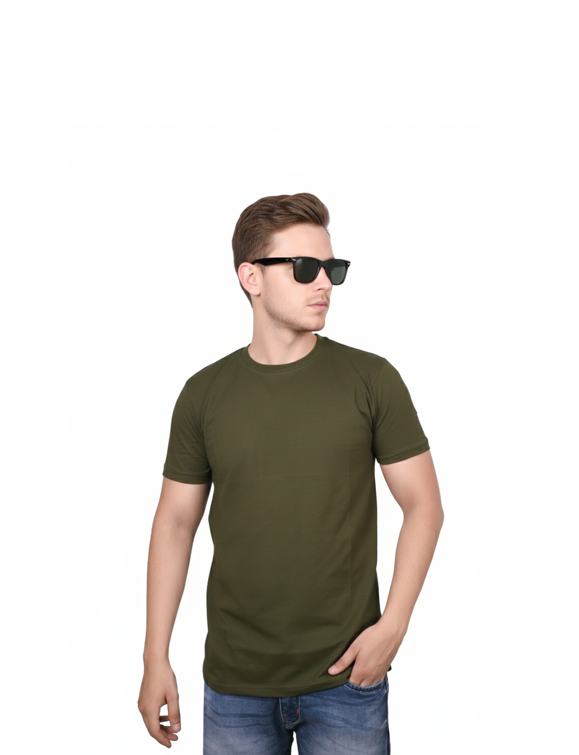 Olive Green Crew Neck T-Shirt 90% Cotton 10% Spandex