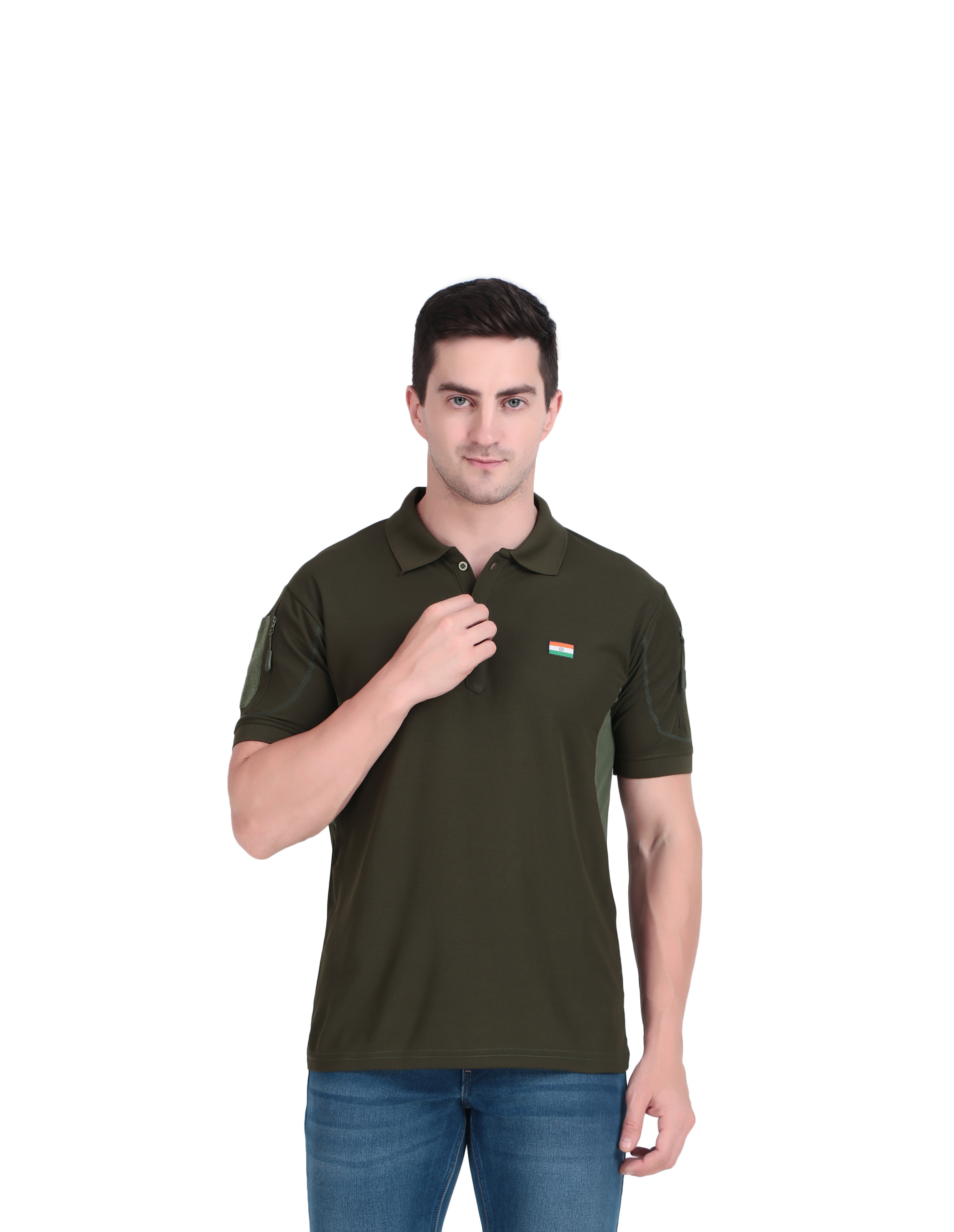 Olive Green Polo T-Shirt with Flag Patch