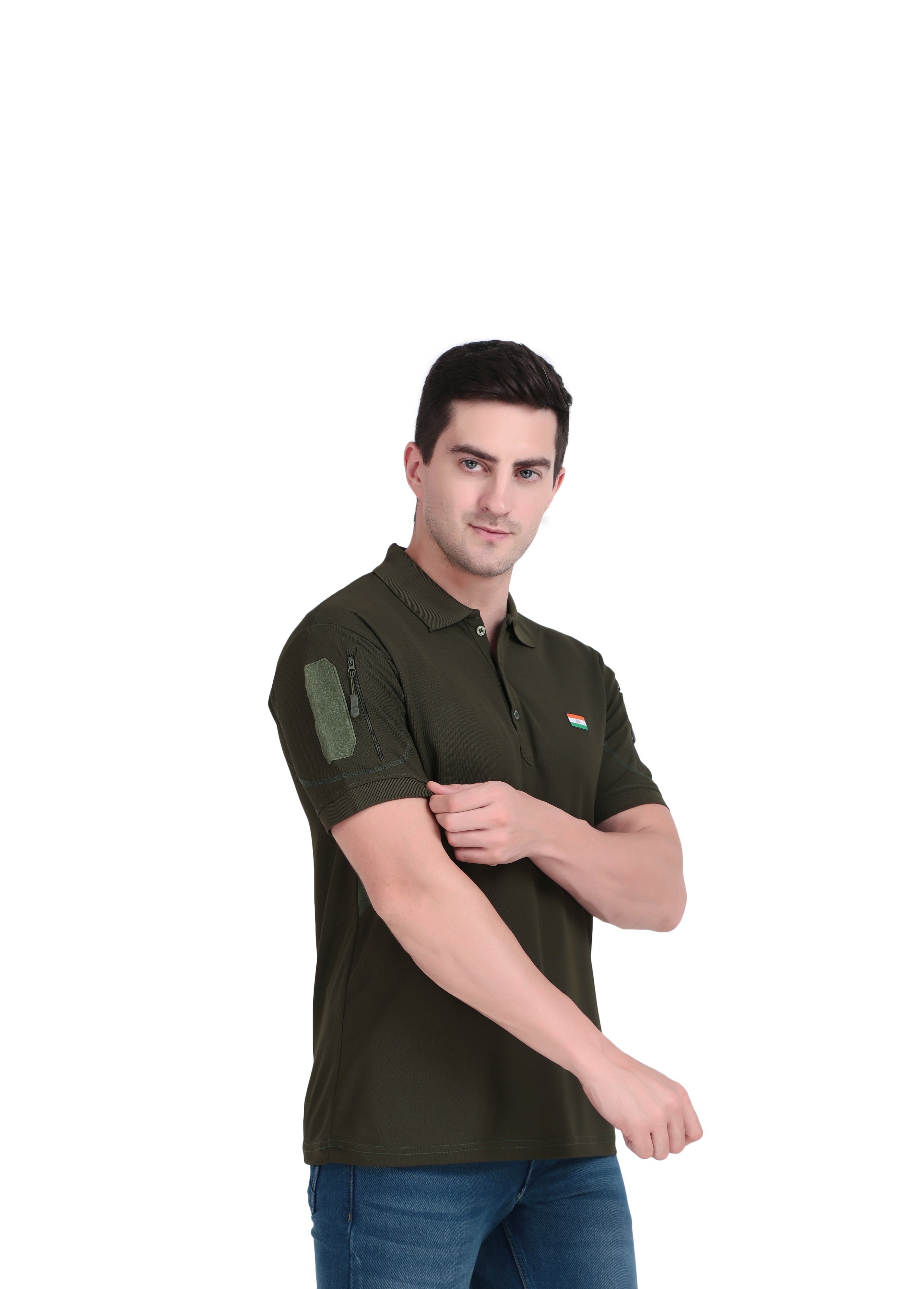 Olive Green Polo T-Shirt with Flag Patch