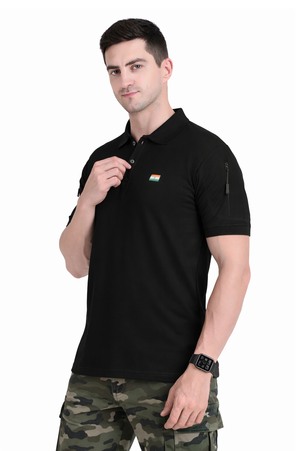 Men's Black Polo T-Shirt with Flag Patch