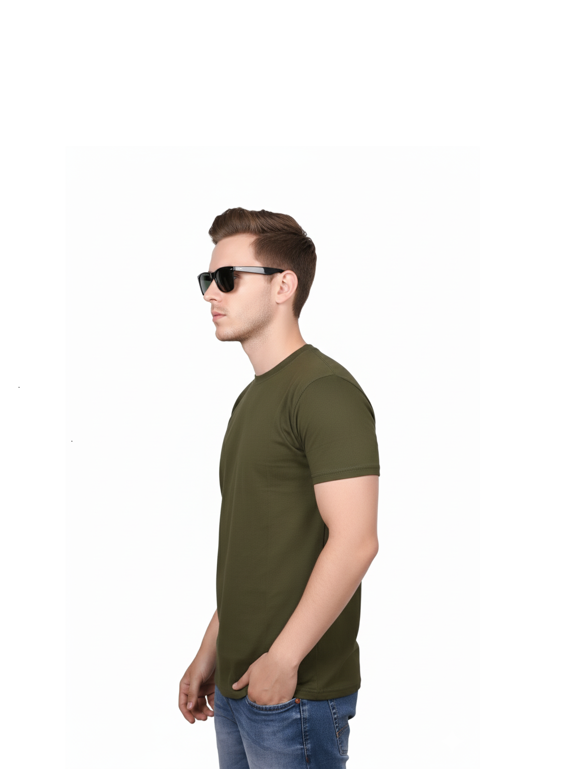 Olive Green Crew Neck T-Shirt 90% Cotton 10% Spandex 