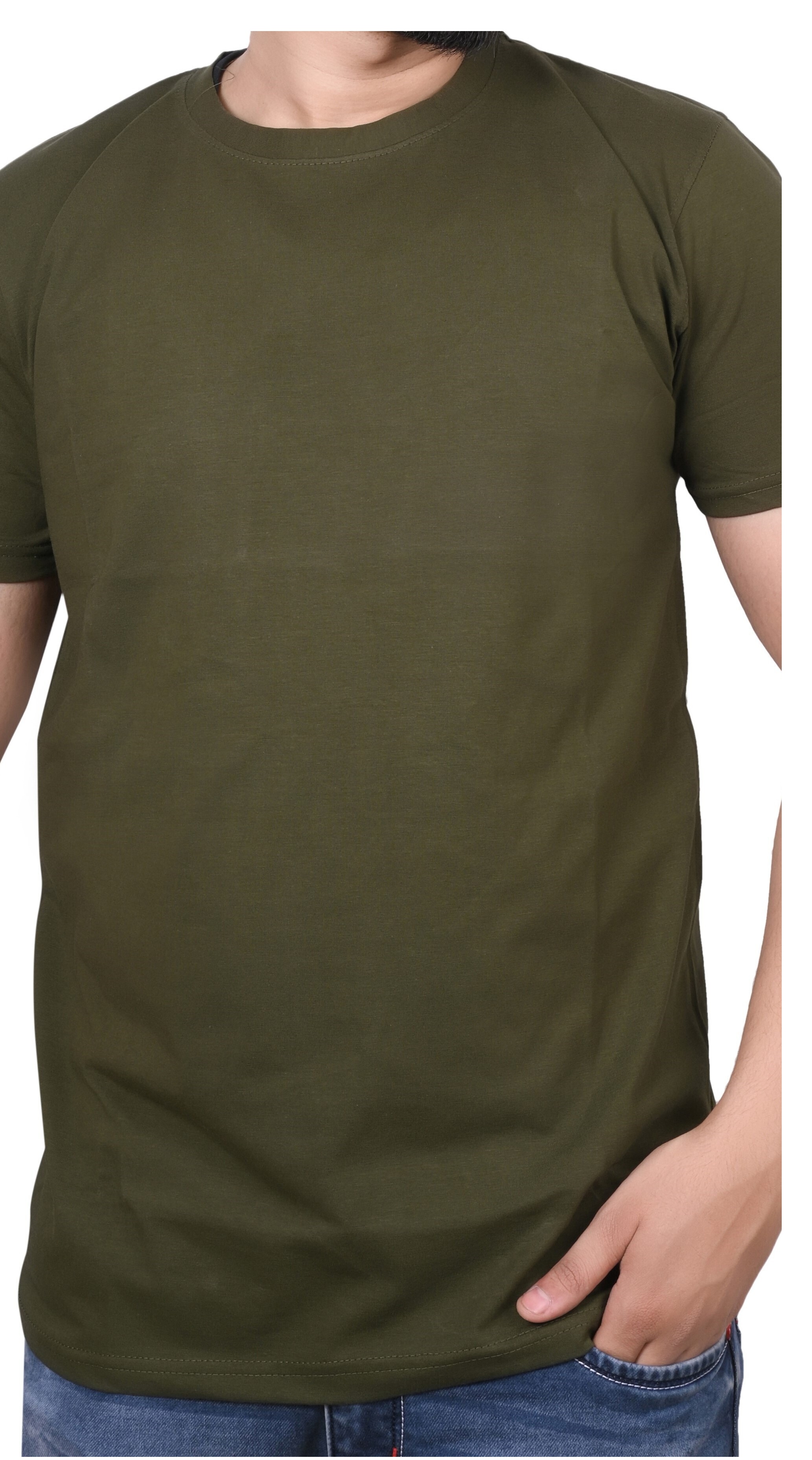Olive Green Crew Neck T-Shirt 90% Cotton 10% Spandex 