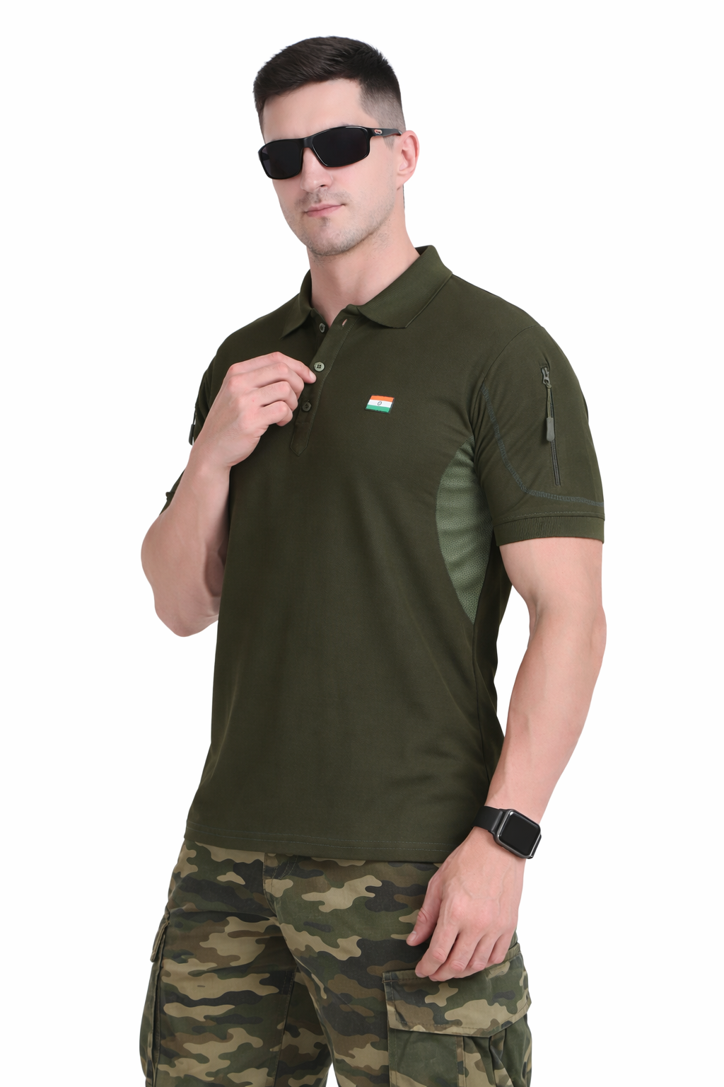 Men's Black Polo T-Shirt with Flag Patch
