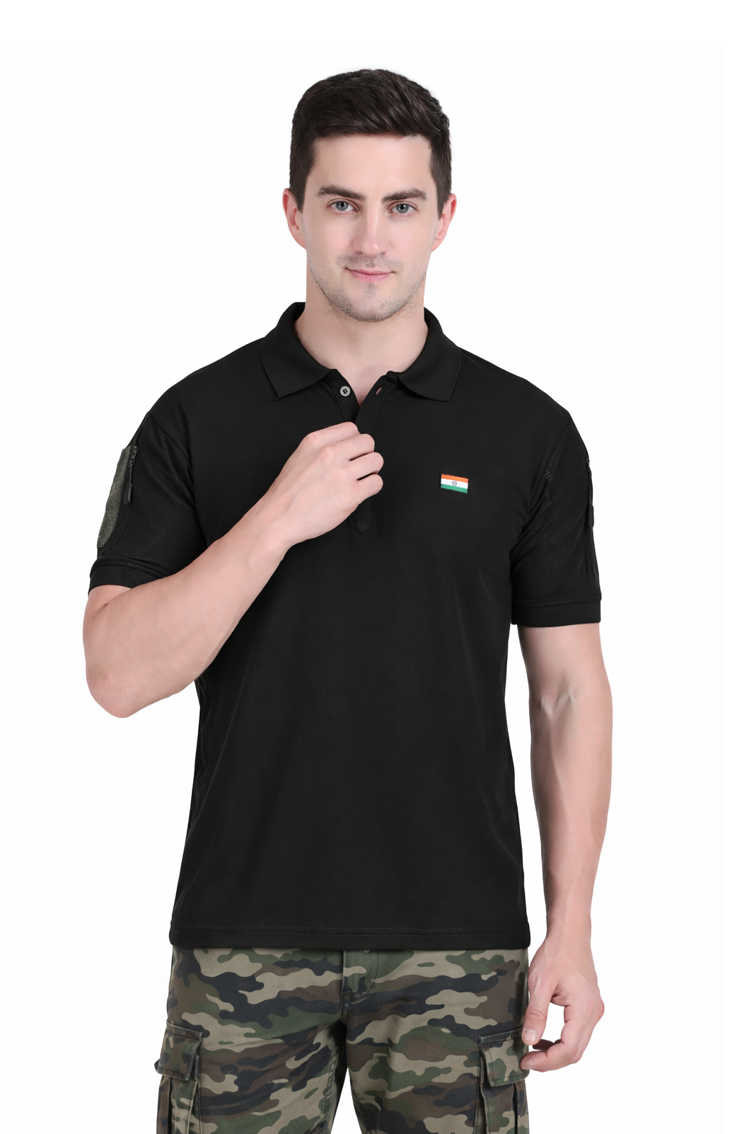 Men's Black Polo T-Shirt with Flag Patch