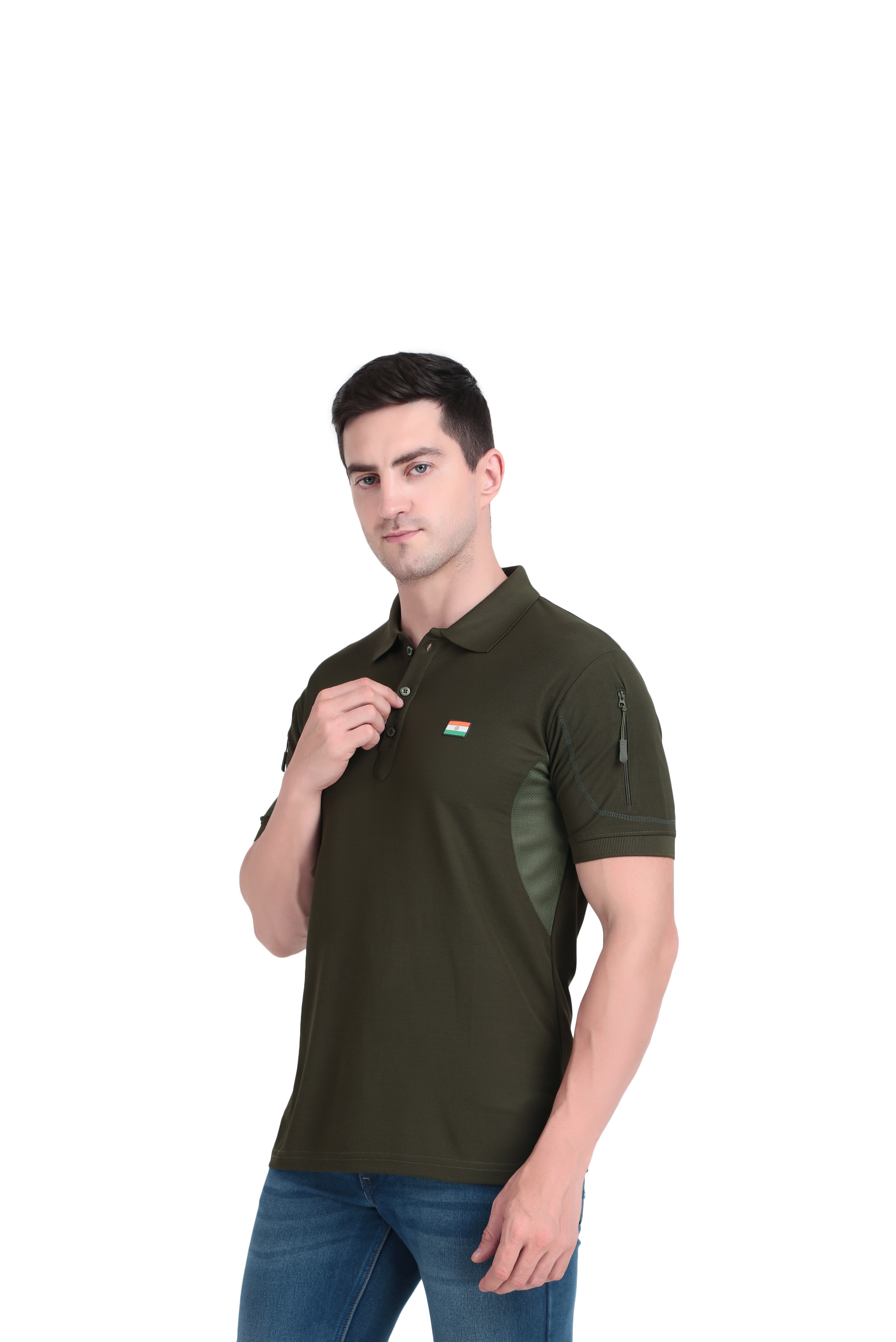 Olive Green Polo T-Shirt with Flag Patch