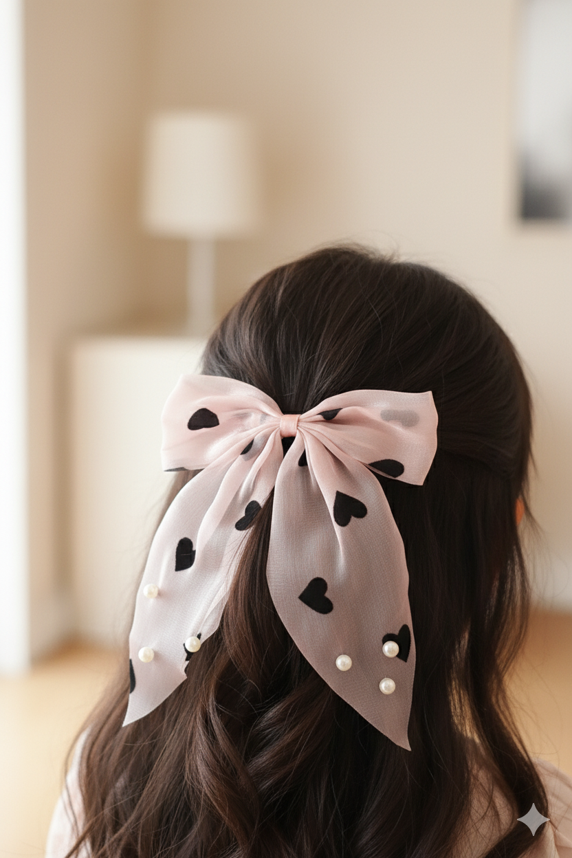 Pink Heart Print Hair Bow
