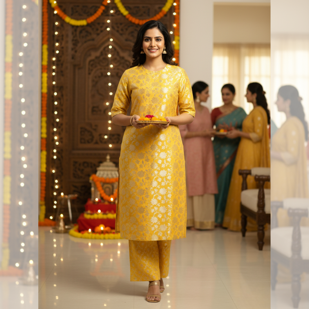 Yellow Brocade Kurta Set