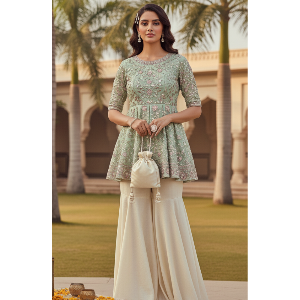 Embroidered Peplum Top with Flared Palazzo Set