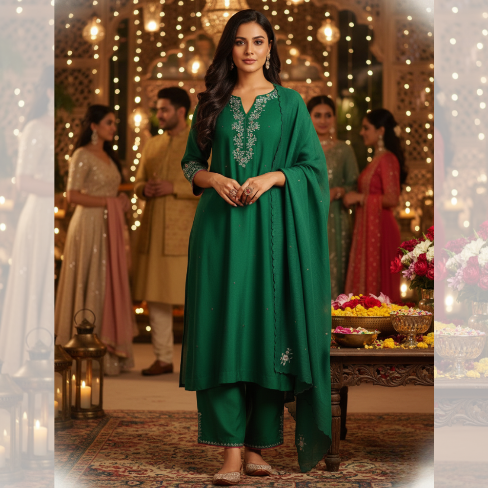 Emerald Green Embroidered Kurta Set