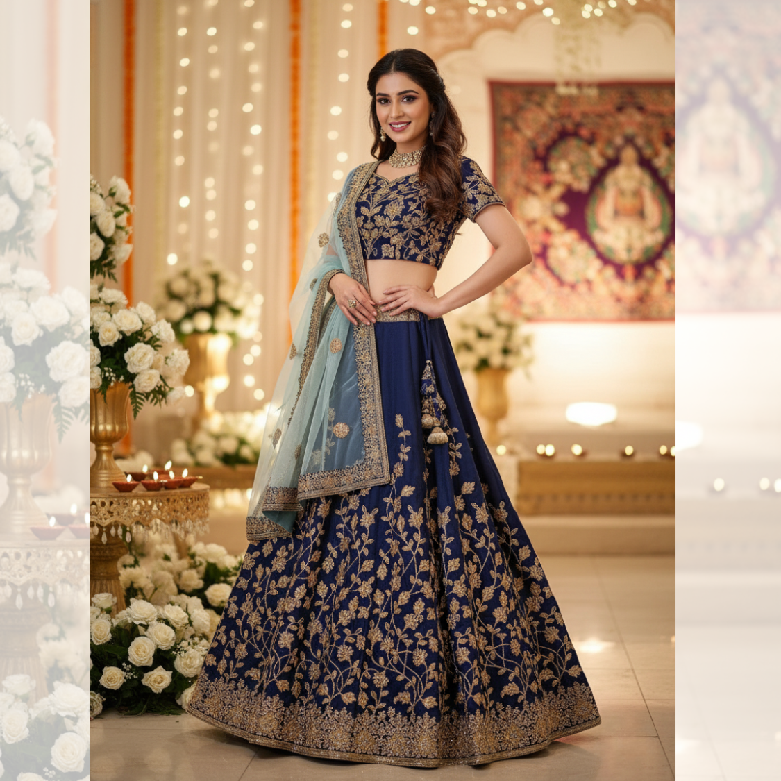 Navy Blue Embroidered Lehenga Set