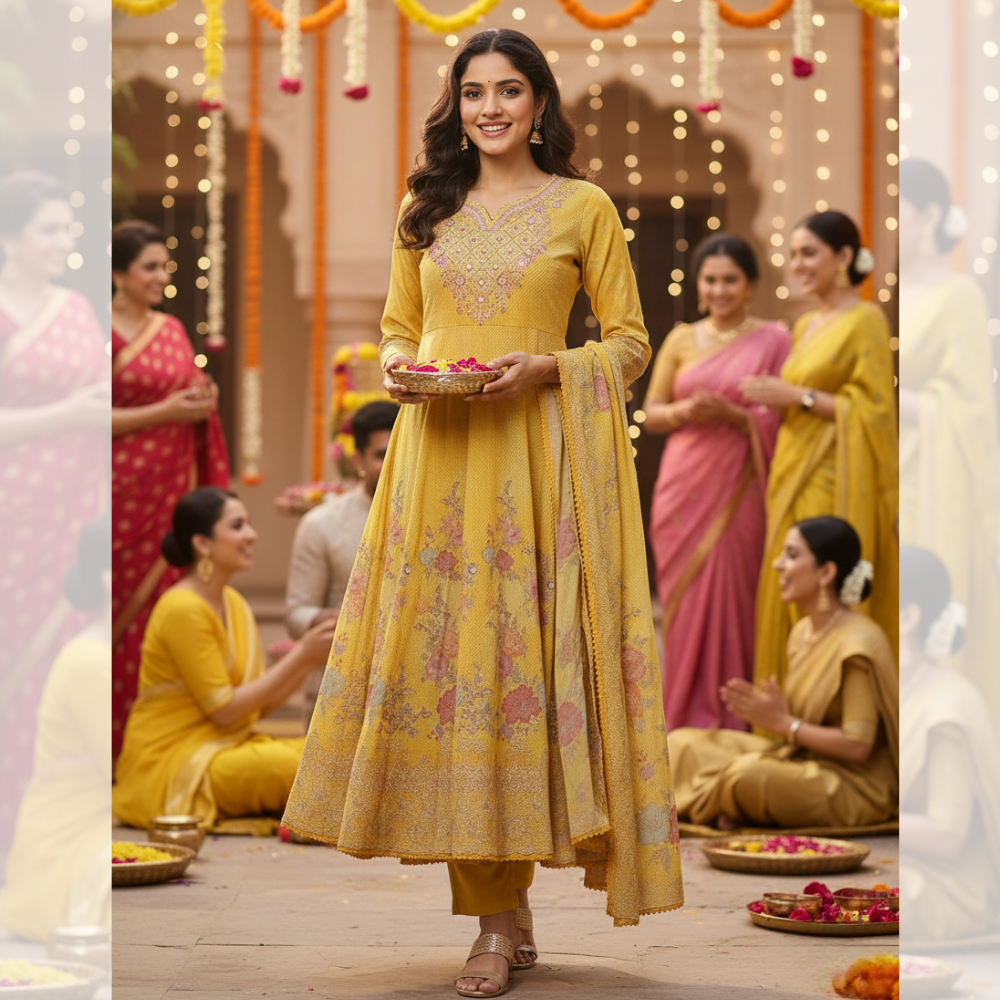 Floral Embroidered Yellow Anarkali Suit