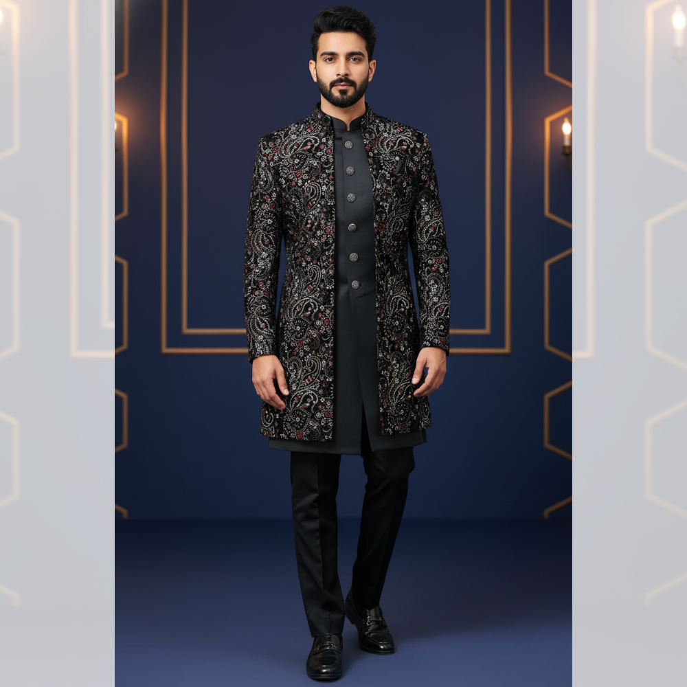 Men’s Embroidered Regal Sherwani Set with Classic Loafers