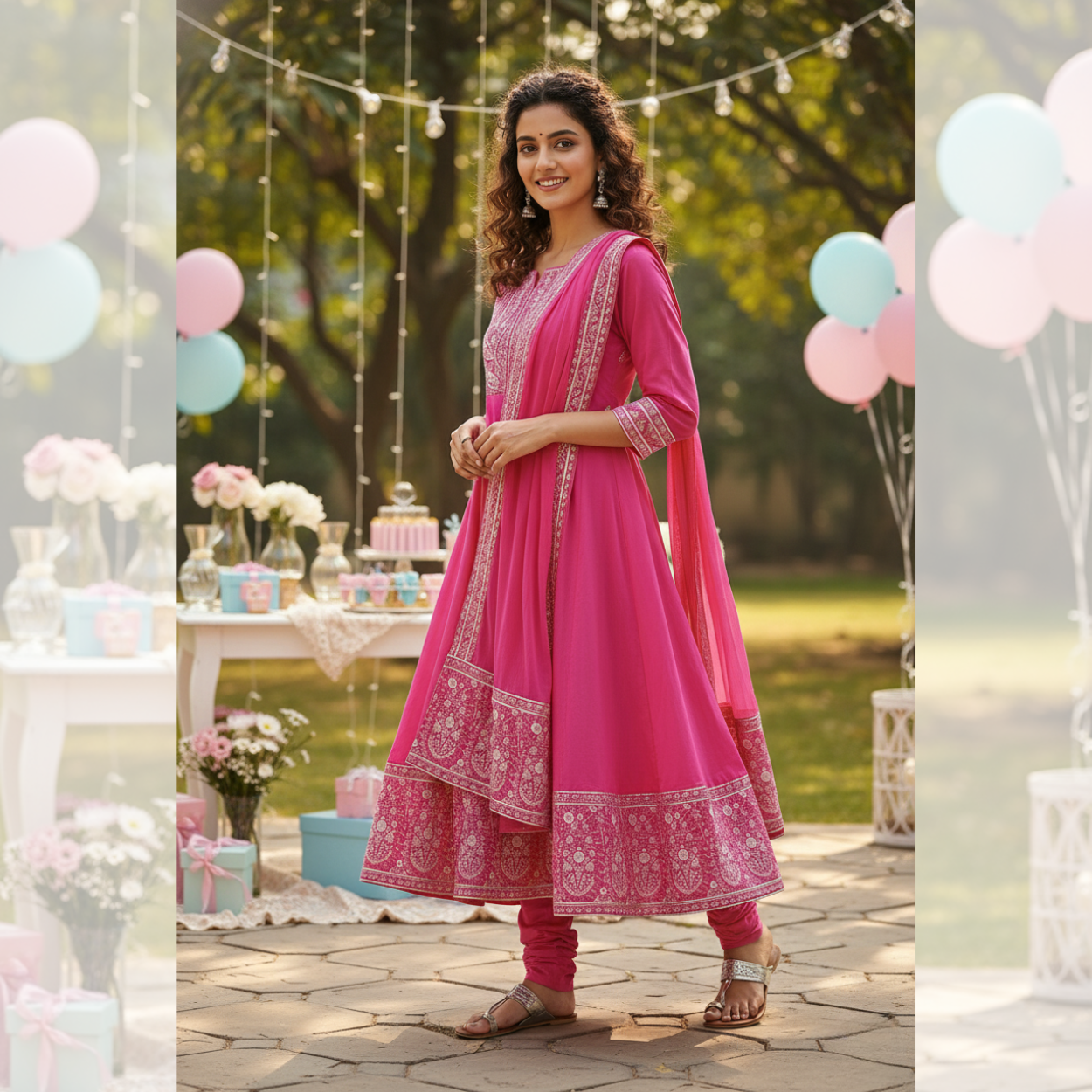 Radiant Pink Anarkali Set & Oxidized Silver Accessories
