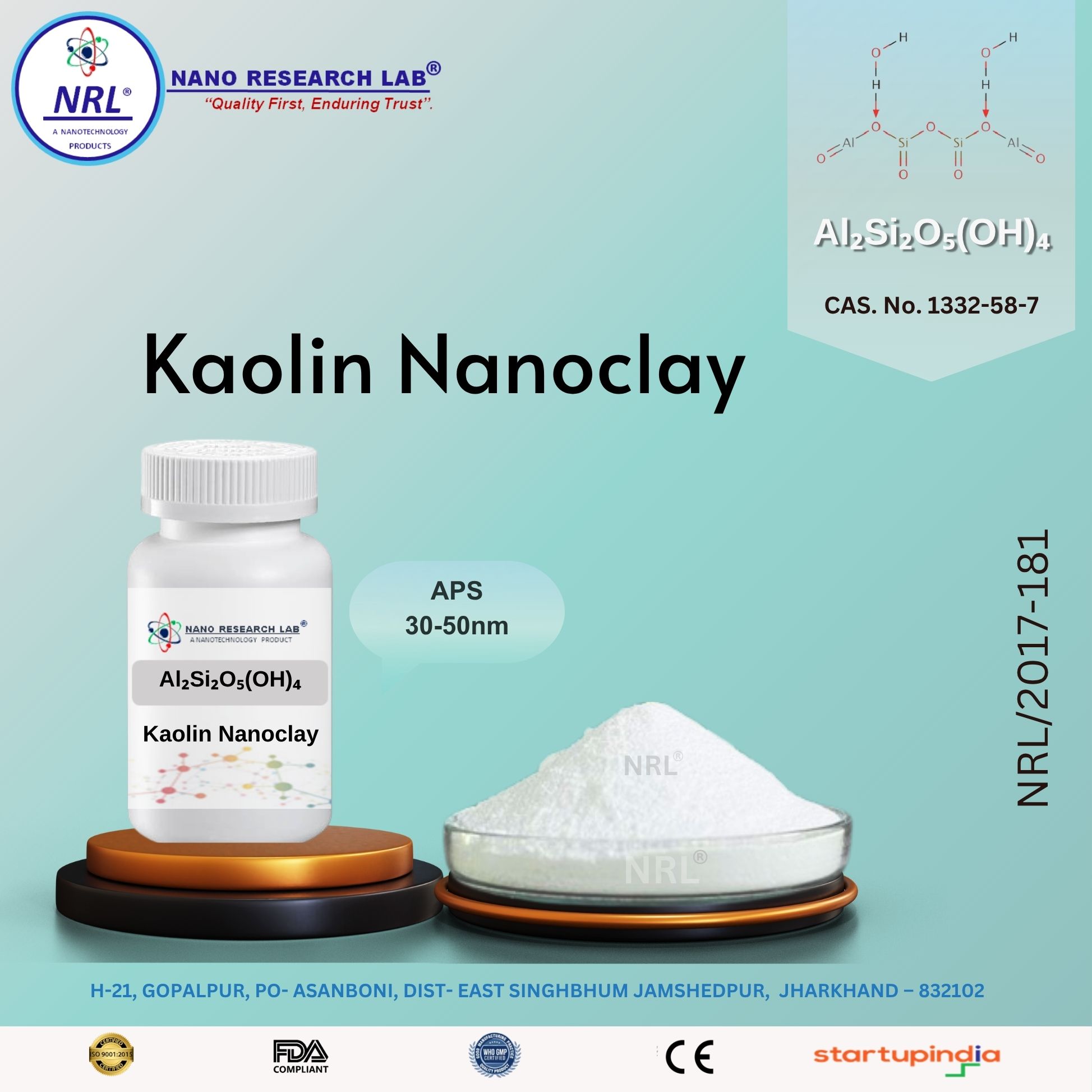 Kaolin Nanoclay (Al2Si2O5(OH)4 , Purity 99%, APS: 50-100NM)