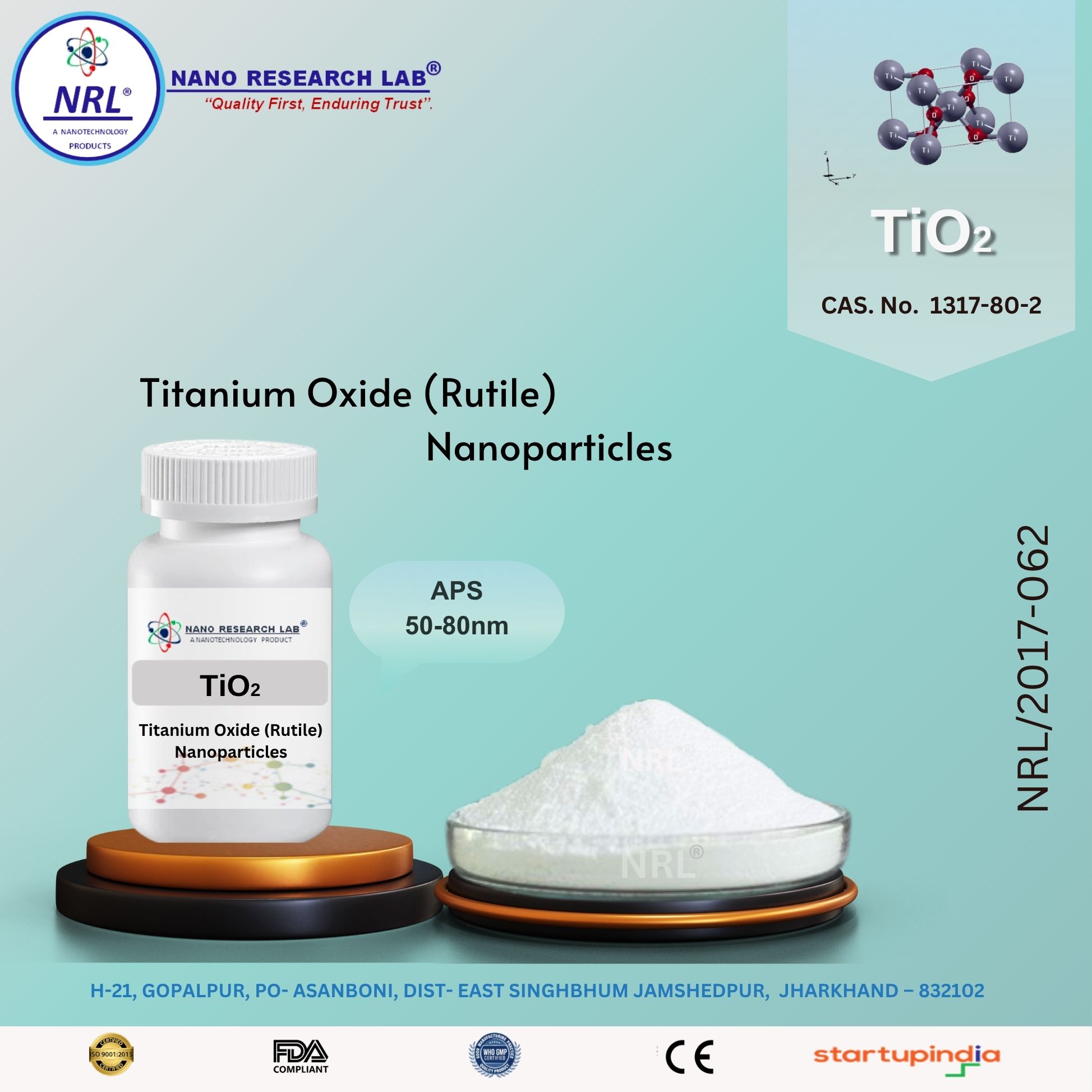 Titanium oxide Nanoparticles/ Nanopowder (TiO2, Rutile, 50-80nm, purity 99.5%)