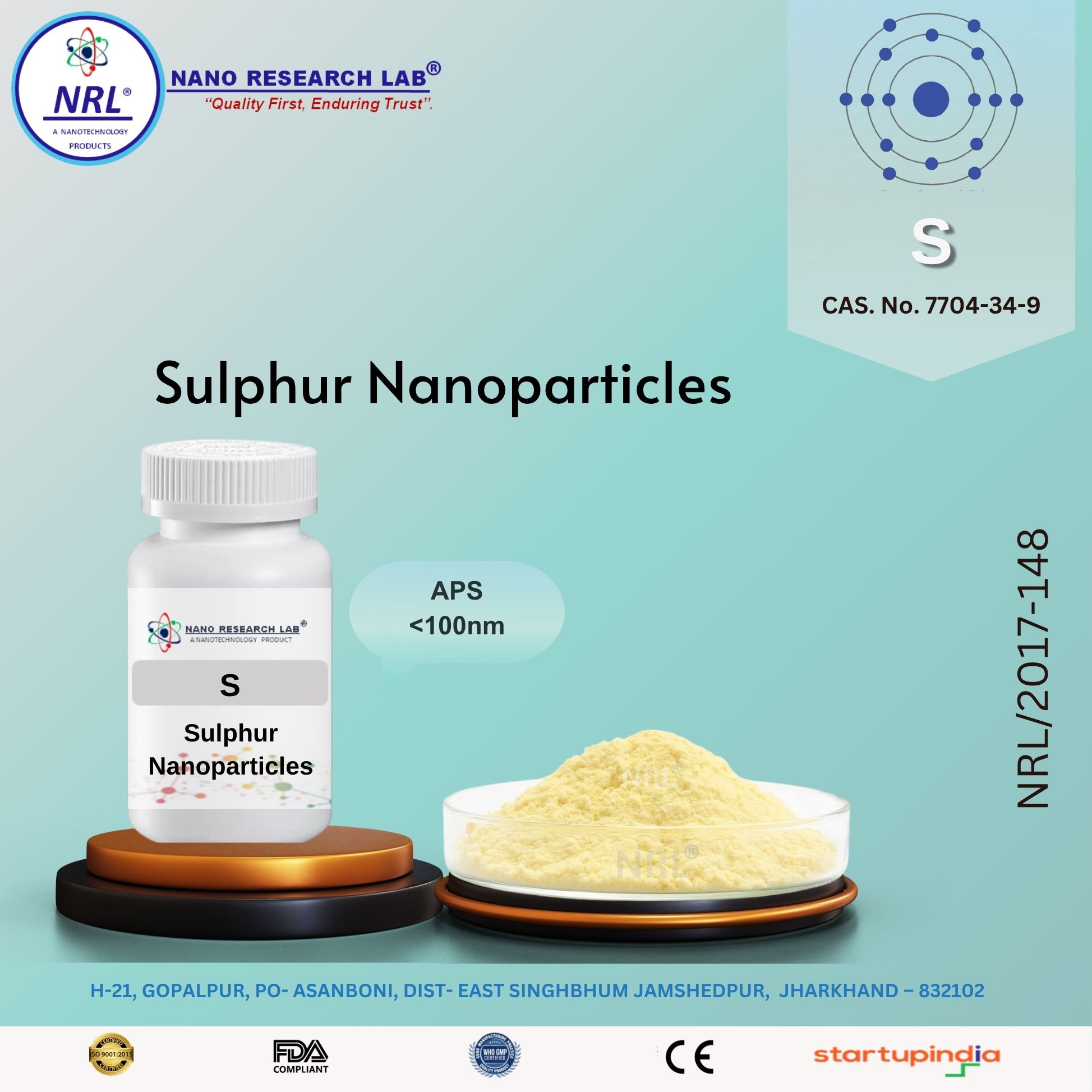 Sulphur Nanoparticles/Nanopowder (S, APS: <100 nm, Purity: 99.5%)