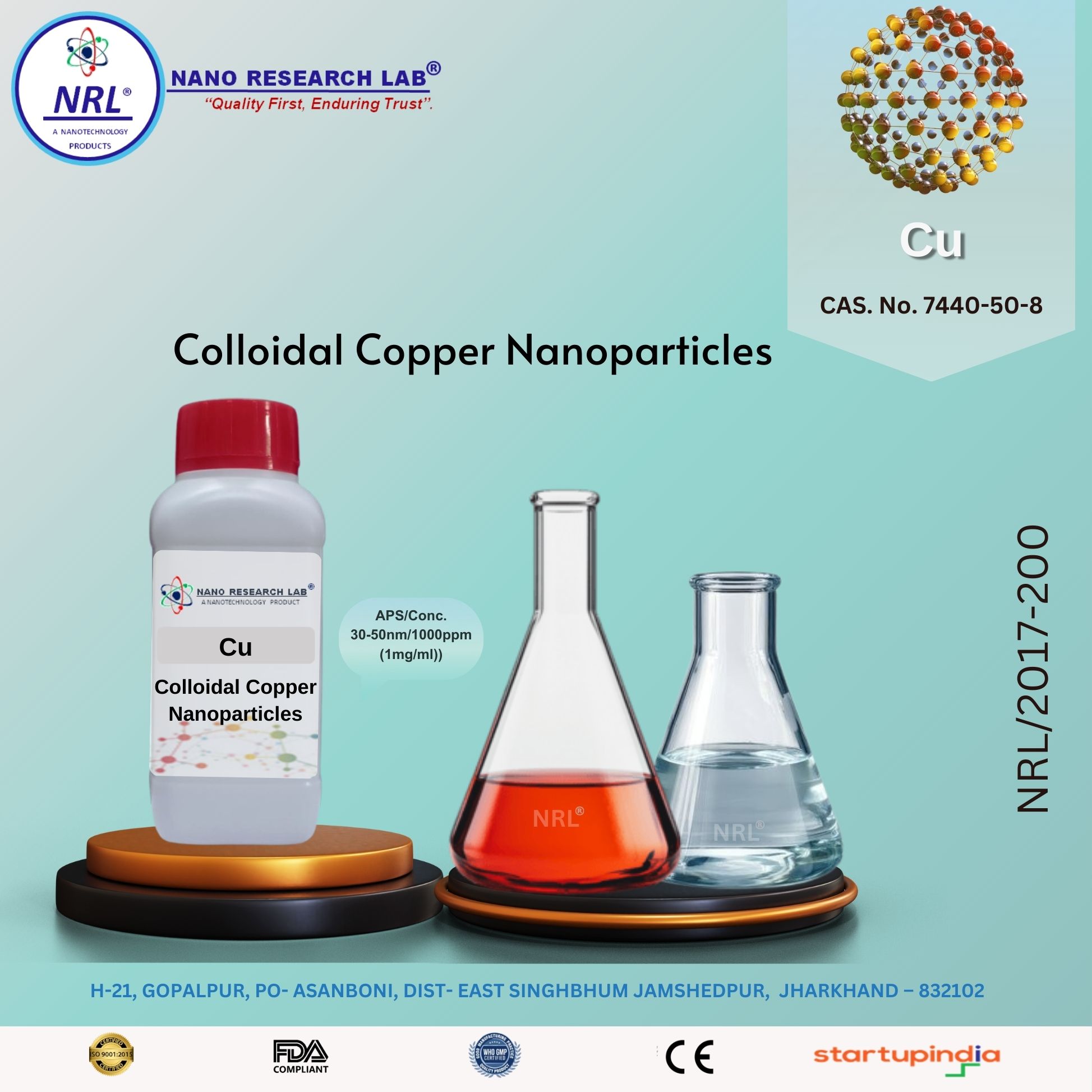 Colloidal Copper nanoparticles (Cu, 1000ppm, Purity 99%, 30-50nm)