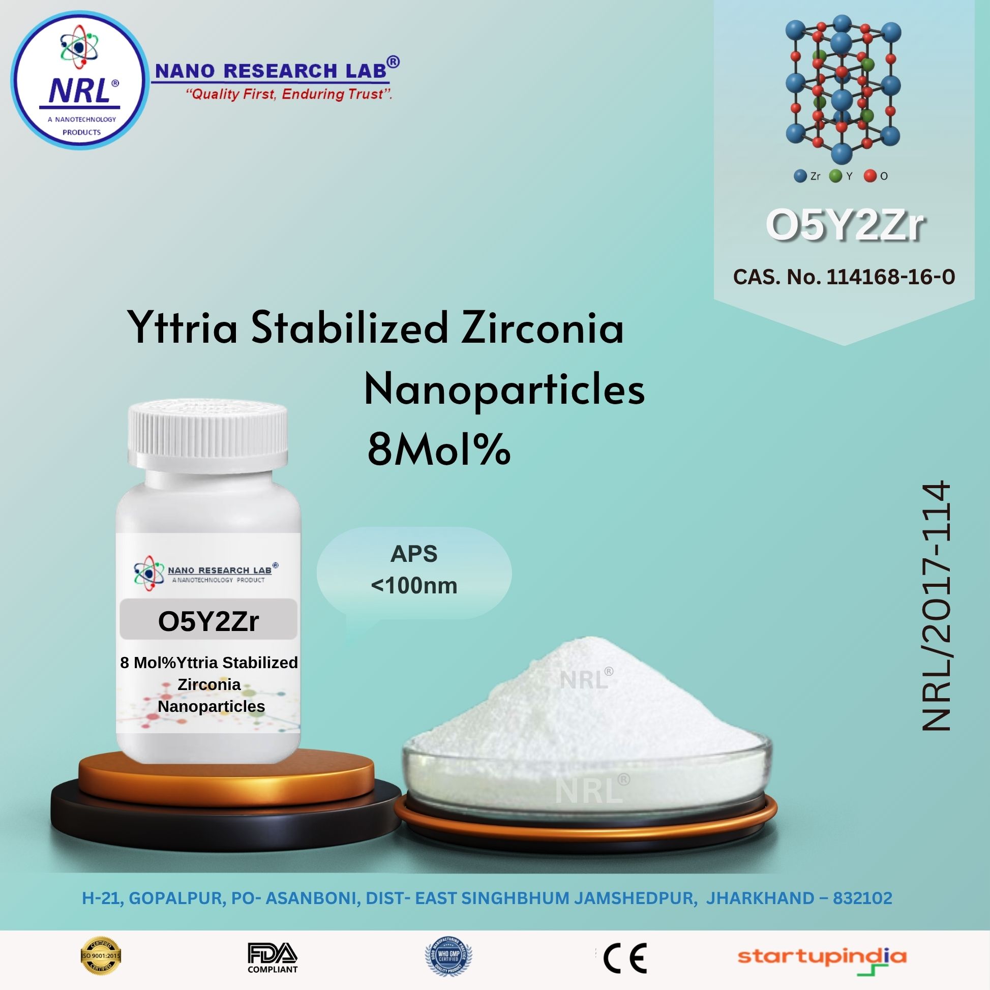 Yttria Stabilized Zirconia Nanoparticles 8 mol%, YSZ (O5Y2Zr, <100nm, purity 99.5%)