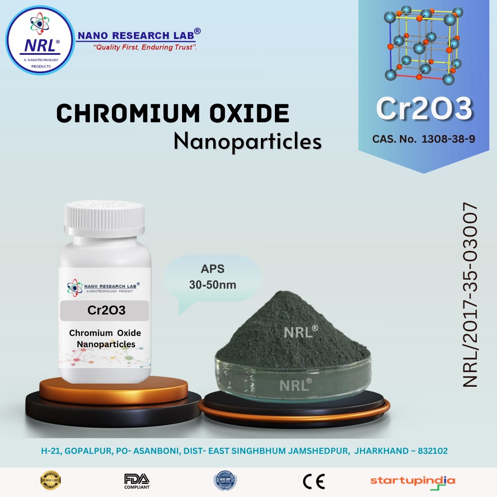 Chromium Oxide Nanoparticles/Nanopowder (Cr2O3, 40-60nm, Purity 99.9%)