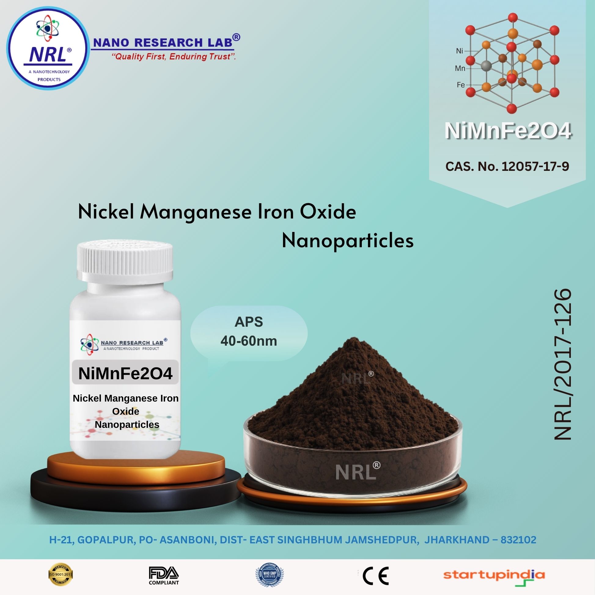 Nickel Manganese Iron Oxide Nanoparticles / Nanopowder (NiMnFe2O4, 40-60nm, purity 99.5%) 