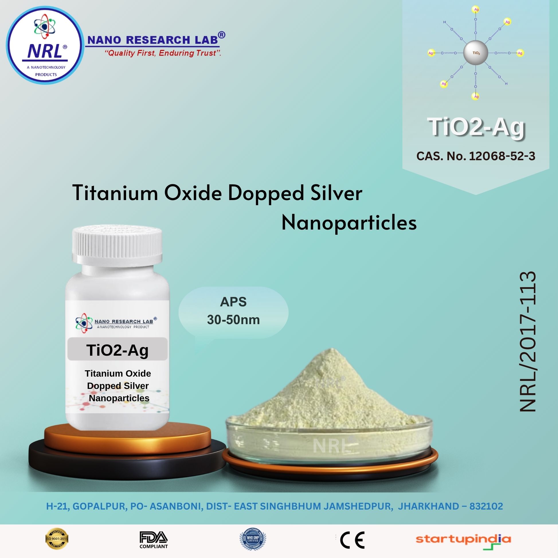 "Titanium oxide Nanoparticles/ Nanopowder Dopped with Silver Nanoparticles (TiO2-Ag, Anatase, 30-50nm, 99.9%)  "