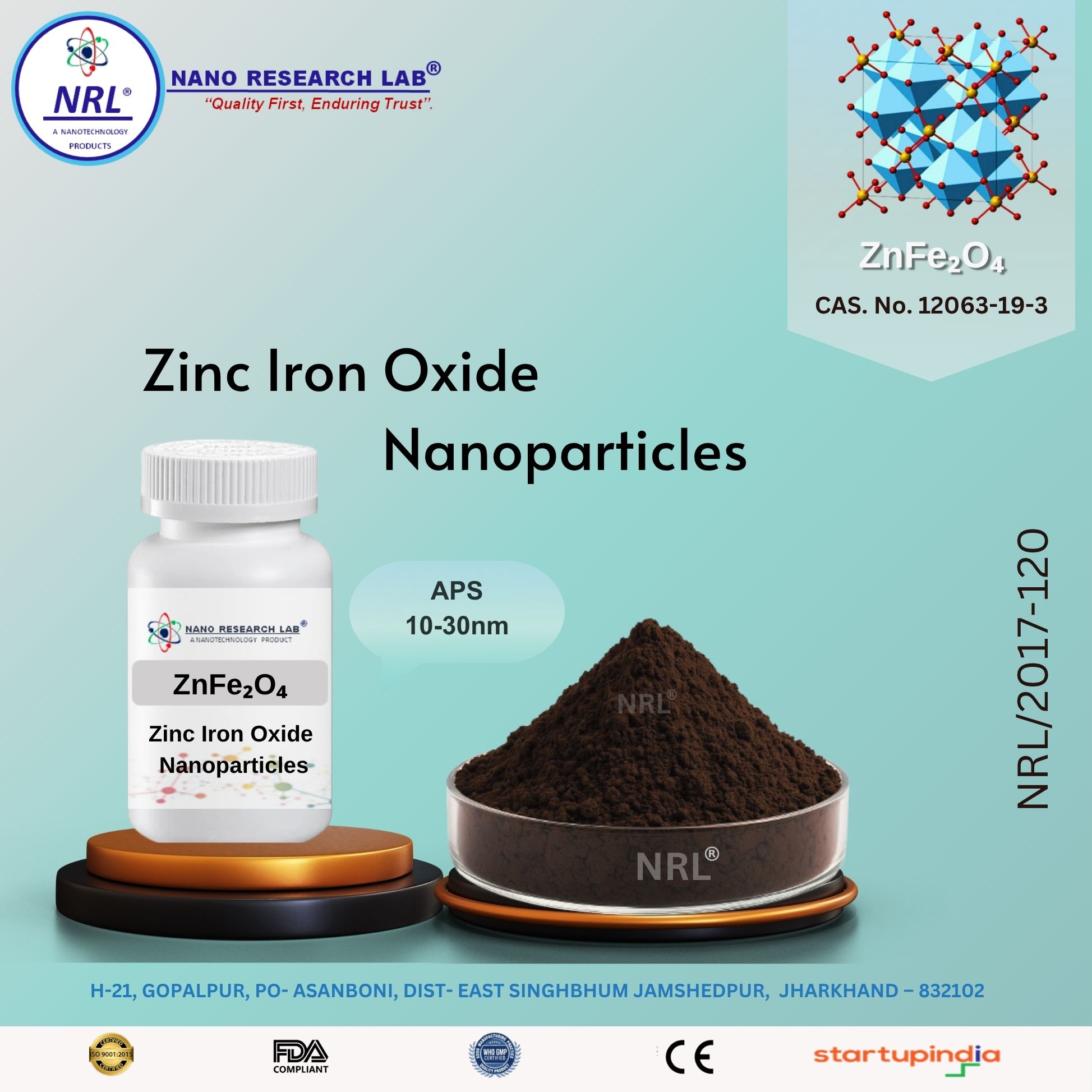 Zinc Iron Oxide Nanoparticles/Nanopowder (ZnFe2O4, 10-30nm, Purity 99.5%)