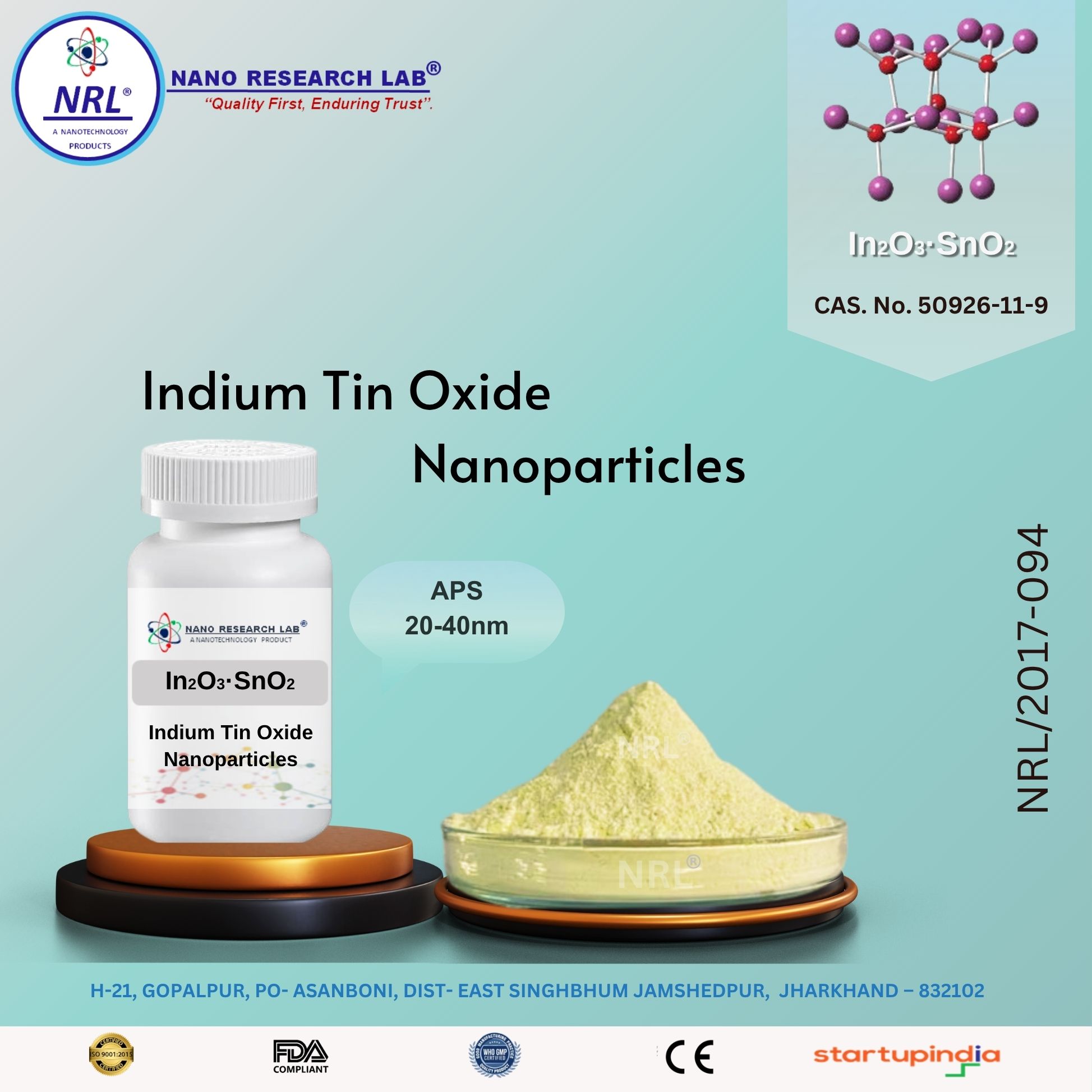 Indium Tin Oxide Nanoparticles/Nanopowder (In2O3:SnO2=90:10Wt%, 20-40nm, purity 99.5%)