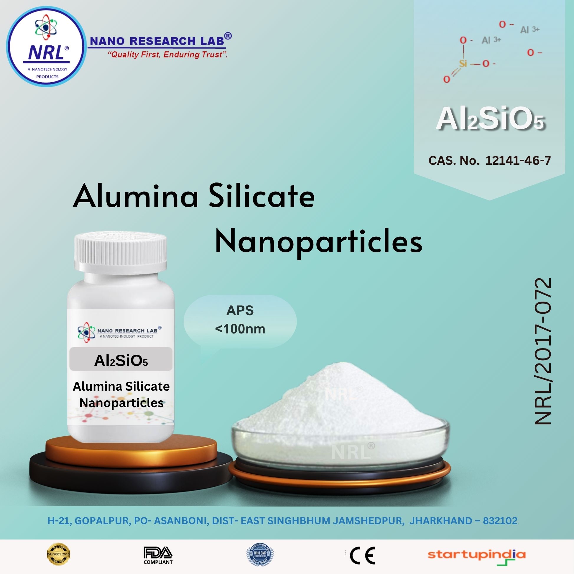Alumina Silicate Nanoparticles/Nanopowder (Al2SiO5, APS <100nm, Purity >99.5%)