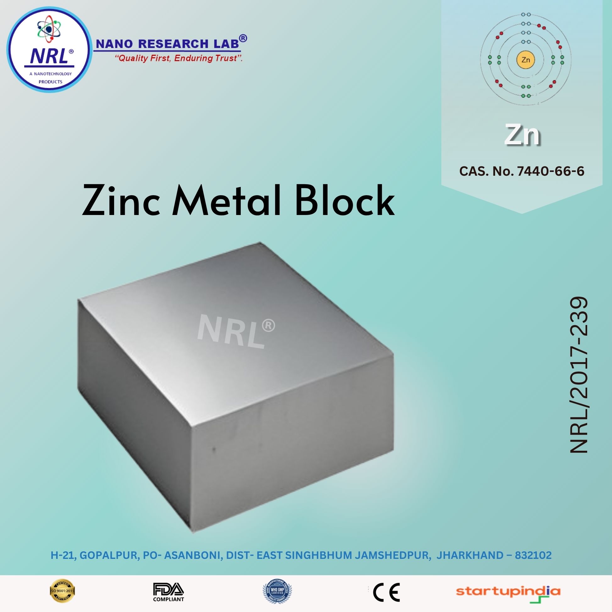 Zinc Metal Block (Zn, Purity 99.5%)