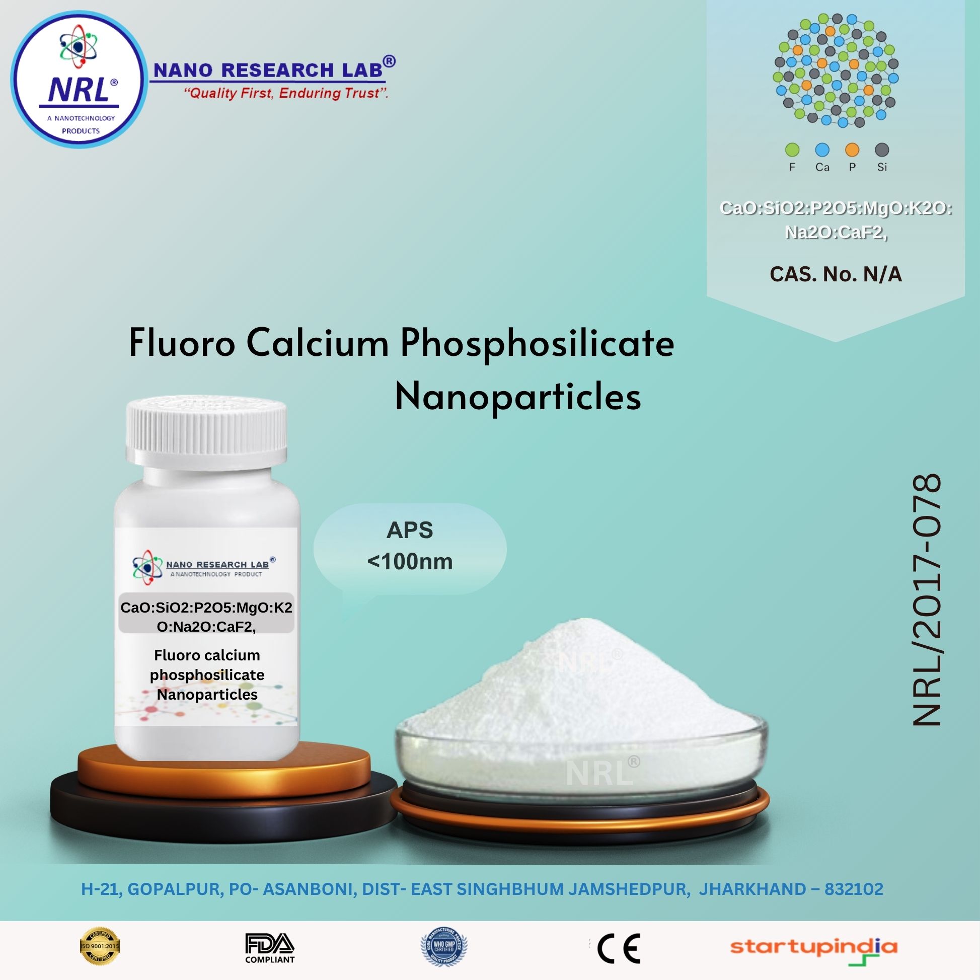 Fluoro calcium phosphosilicate Nanoparticles/Nanopowder (CaO:SiO2:P2O5:MgO:K2O:Na2O:CaF2, <100nm, Purity 99.5%)