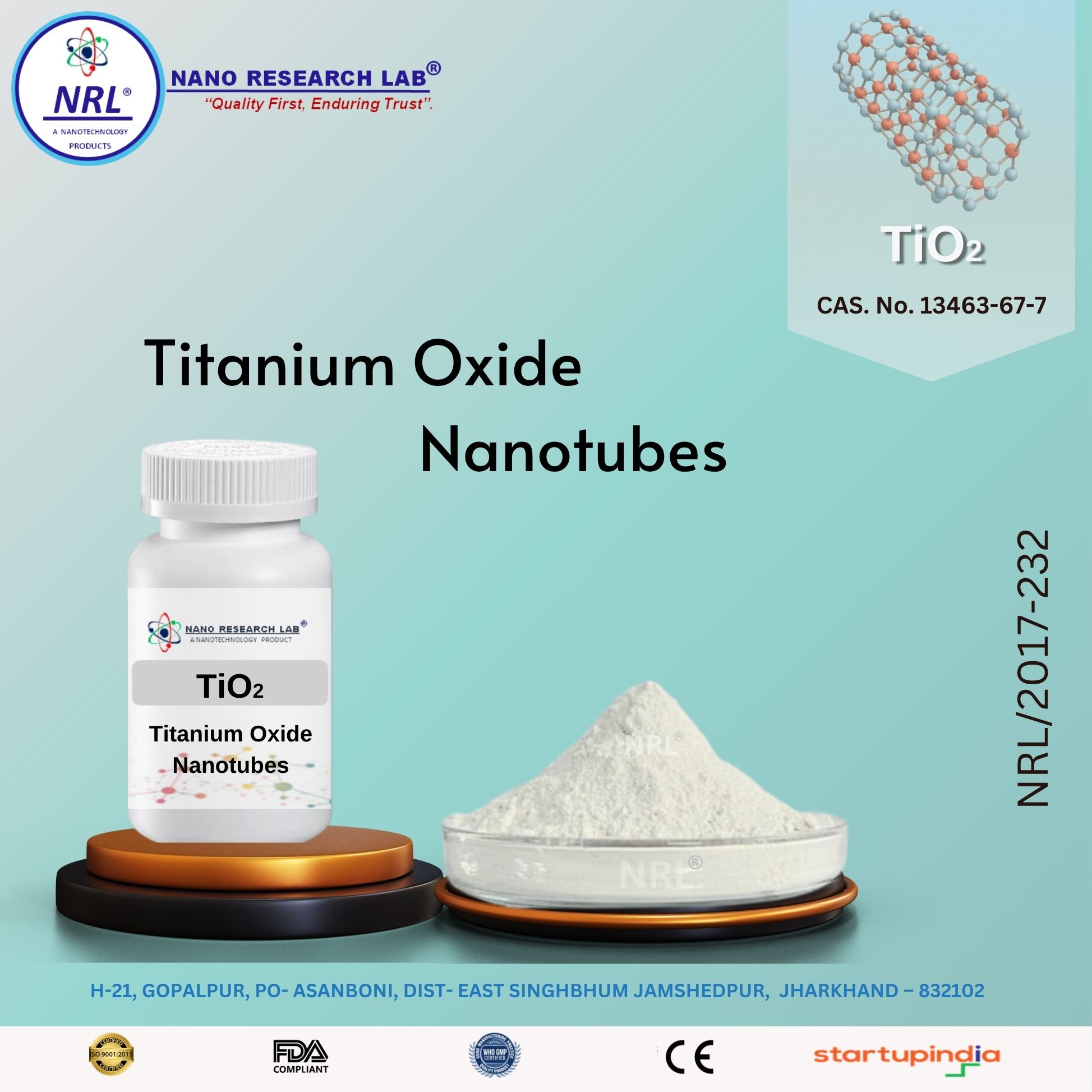 Titanium Oxide Nanotubes (TiO₂, Diameter: 80–100 nm, Purity 99.5%)