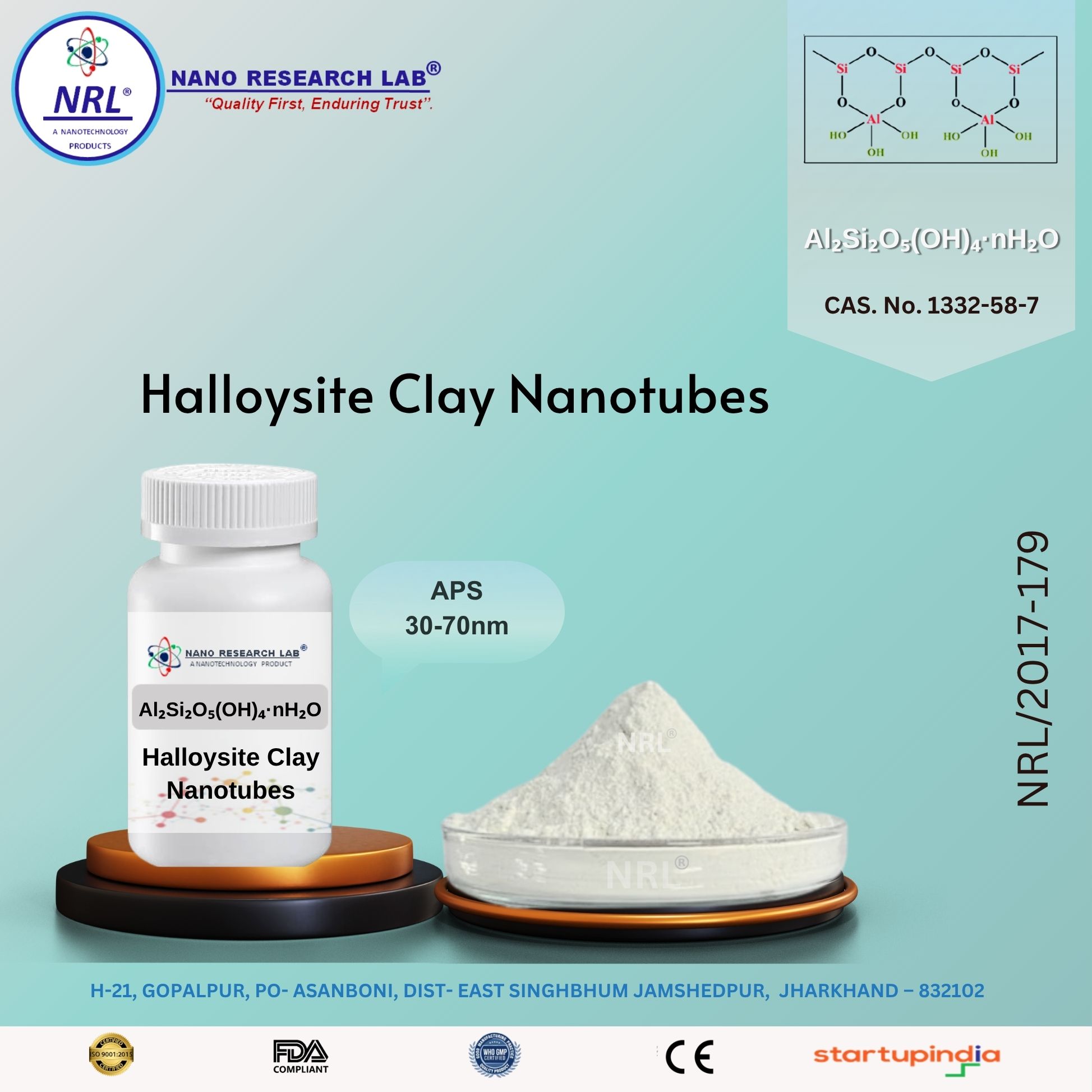 Halloysite Clay Nanotubes (HNTs,Al₂Si₂O₅(OH)₄·nH₂O, 30–70 nm (outer), 10–20 nm (inner) Purity >99%)